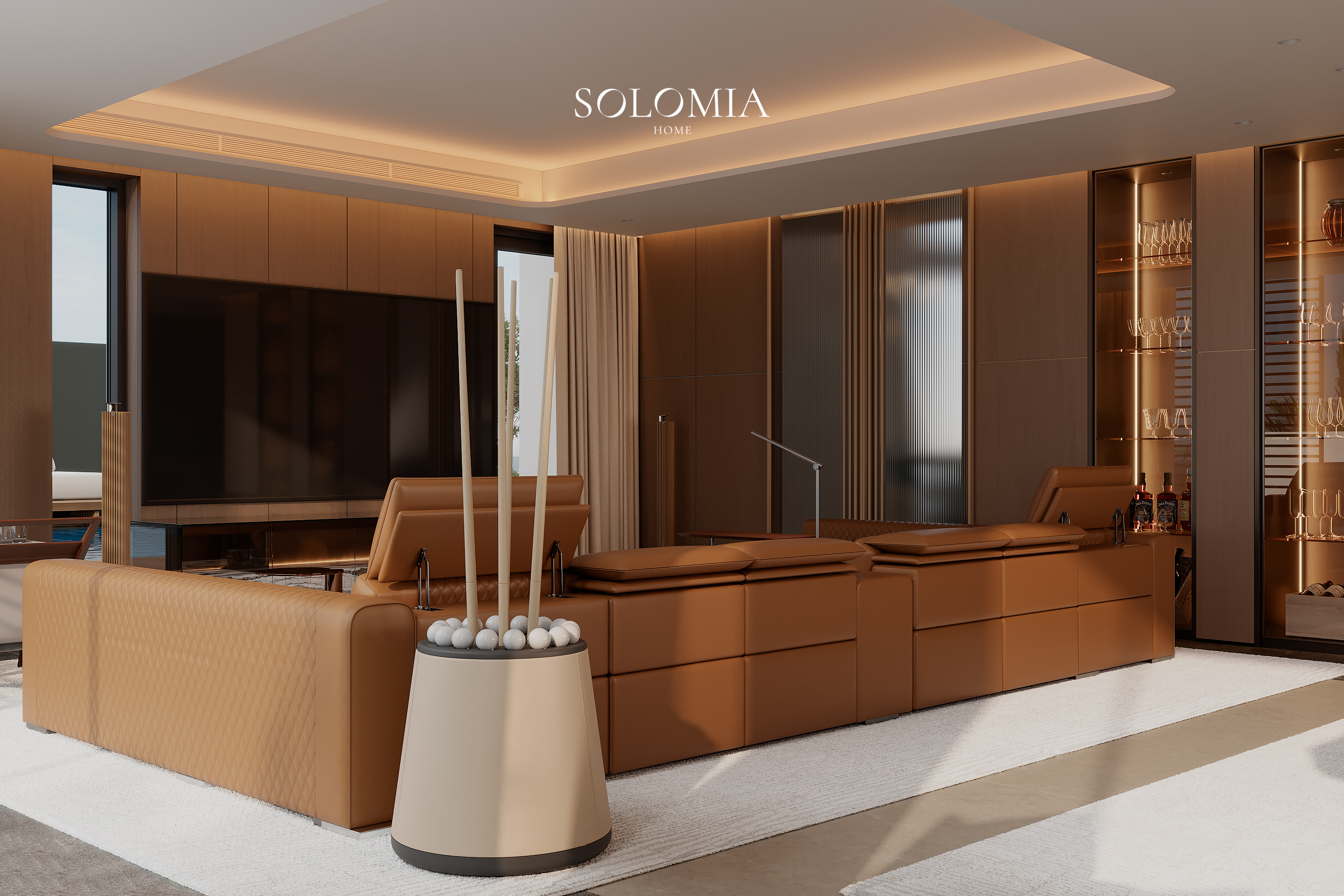 Family room with TV and leather sofa, Marsa Al Arab Villa — luxury interior design Dubai