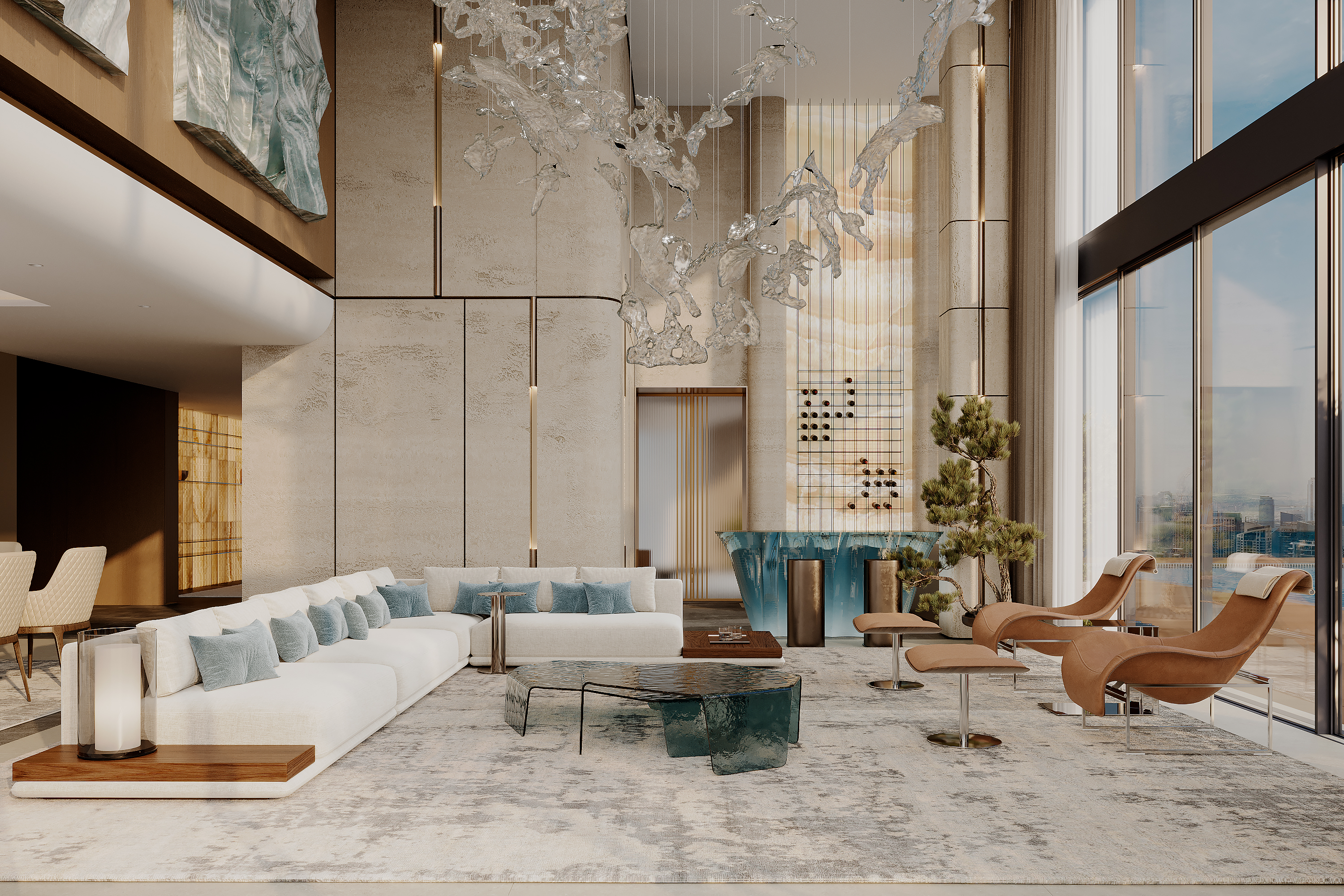 Living room with panoramic windows — luxury interior design Dubai