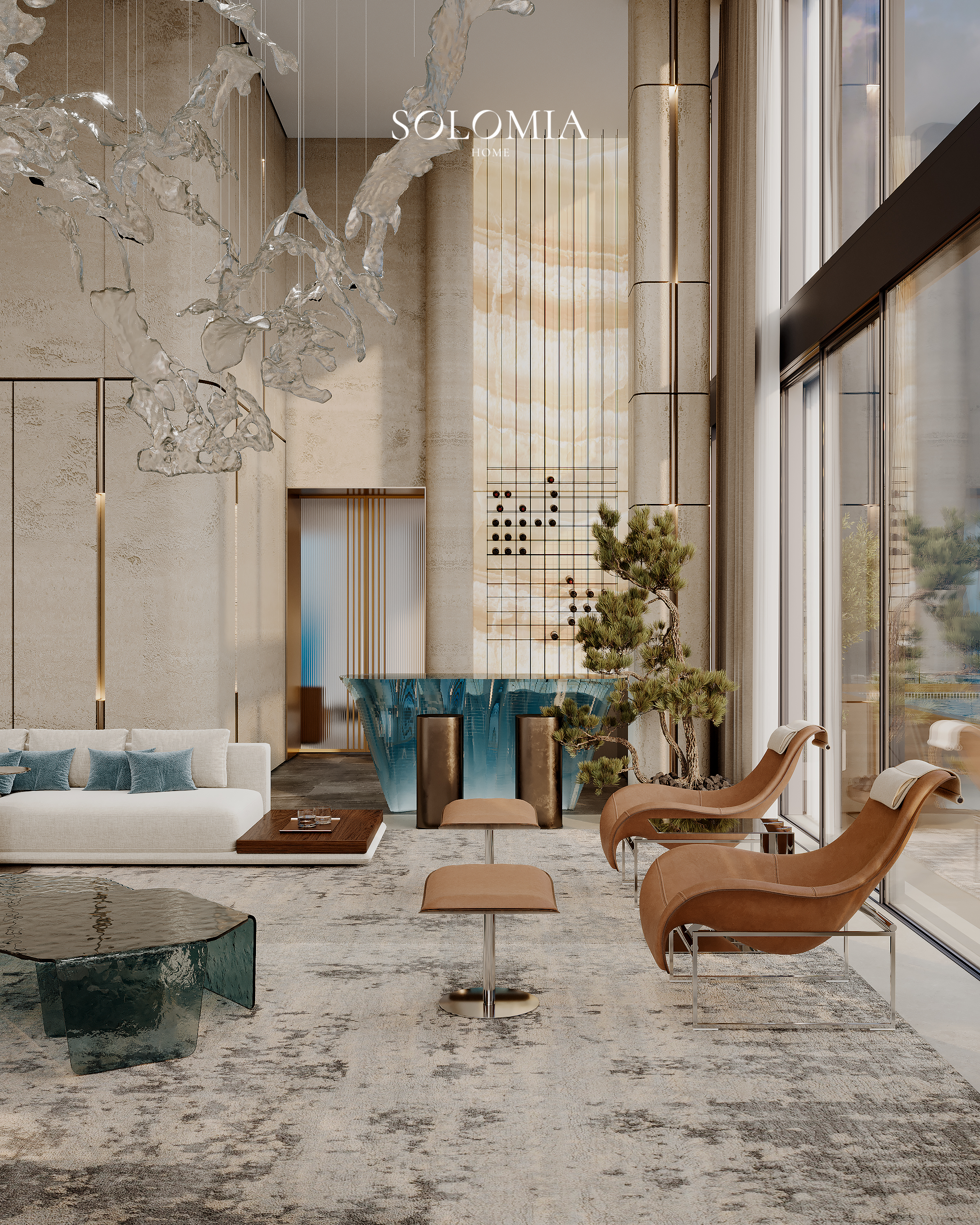 Double-height living room with blue glass table, Marsa Al Arab Villa — luxury interior design Dubai