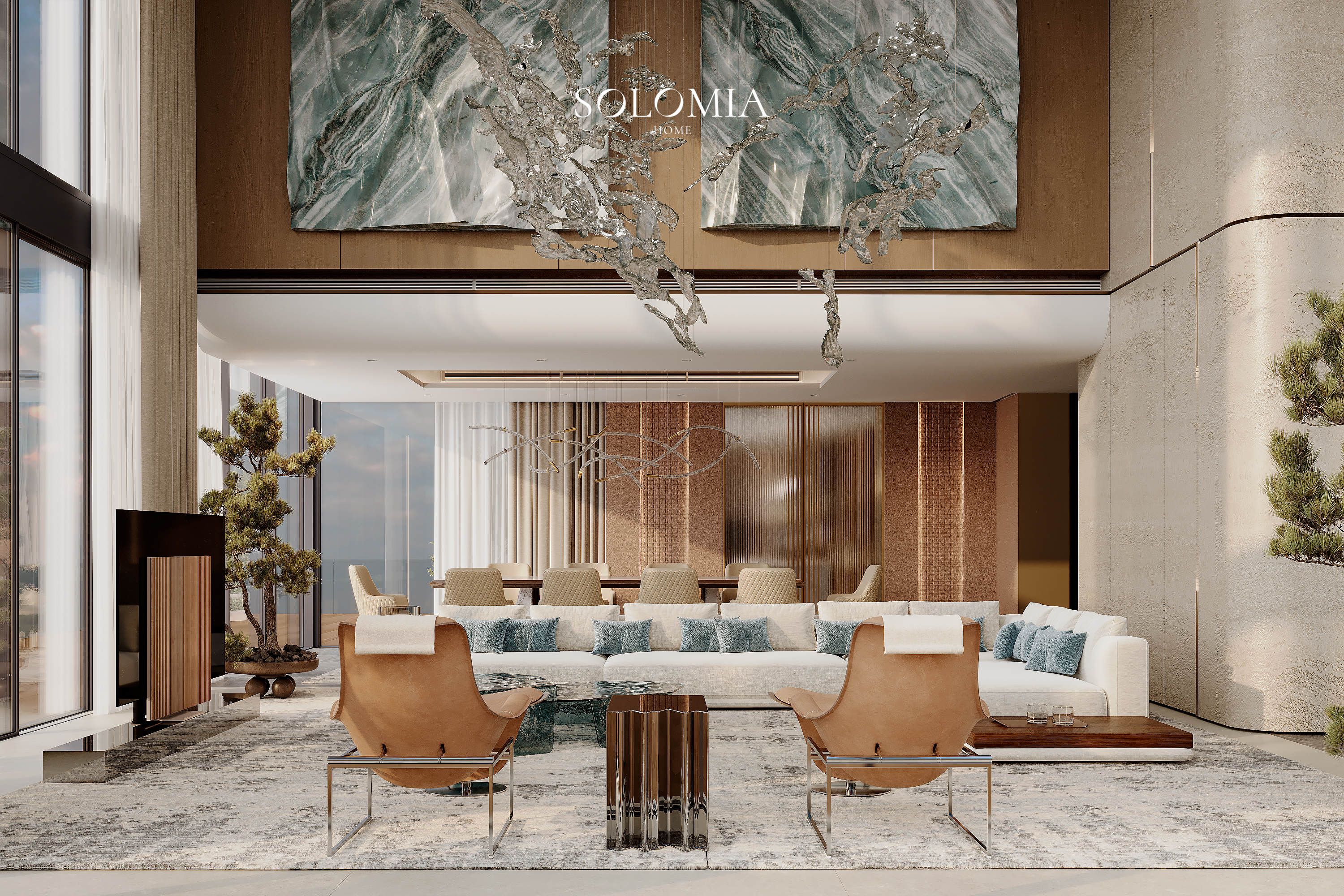 Living room with sculptural chandelier and leather chairs, Marsa Al Arab Villa — luxury interior design Dubai