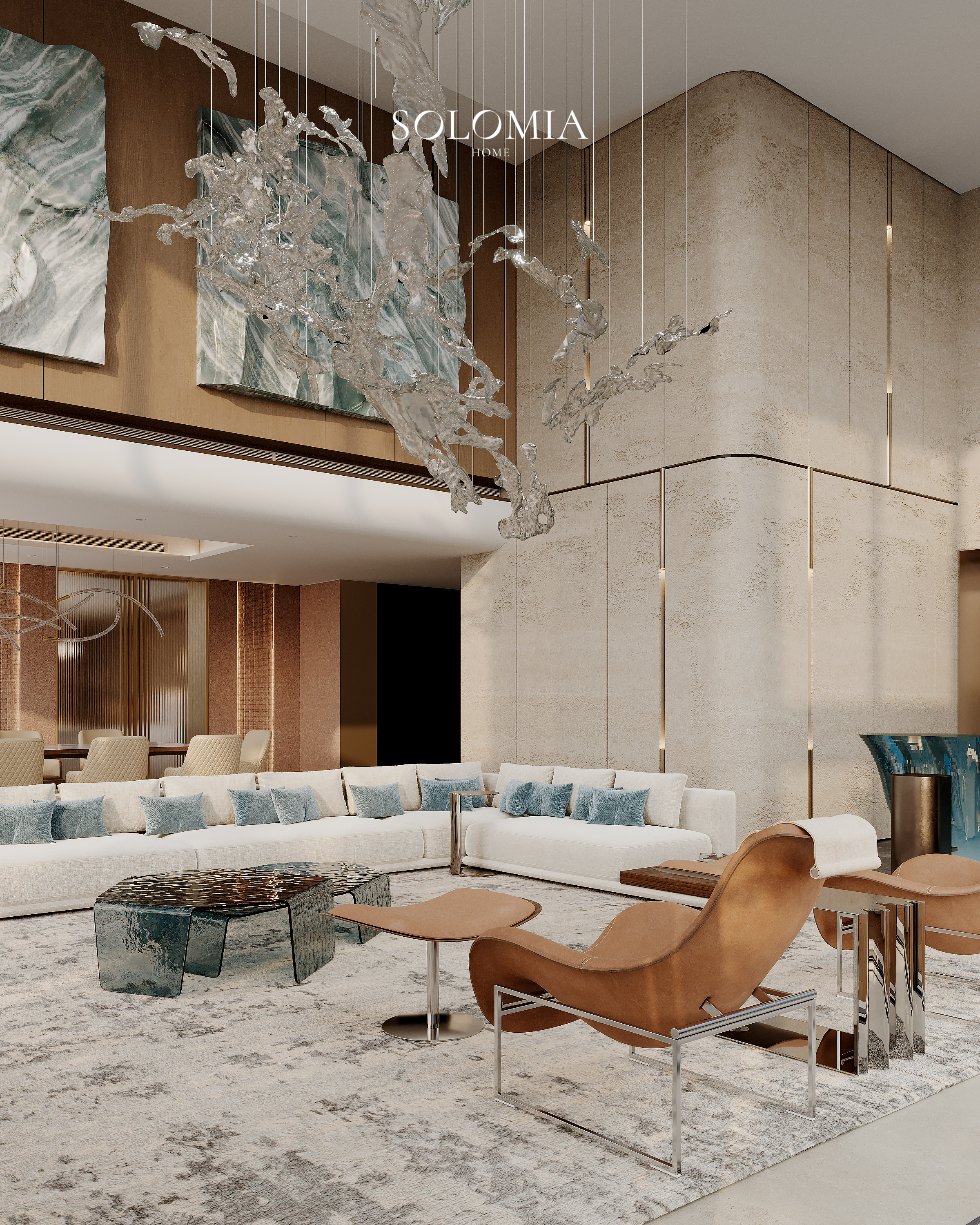 Double-height living room with glass art, Marsa Al Arab Villa — luxury interior design Dubai