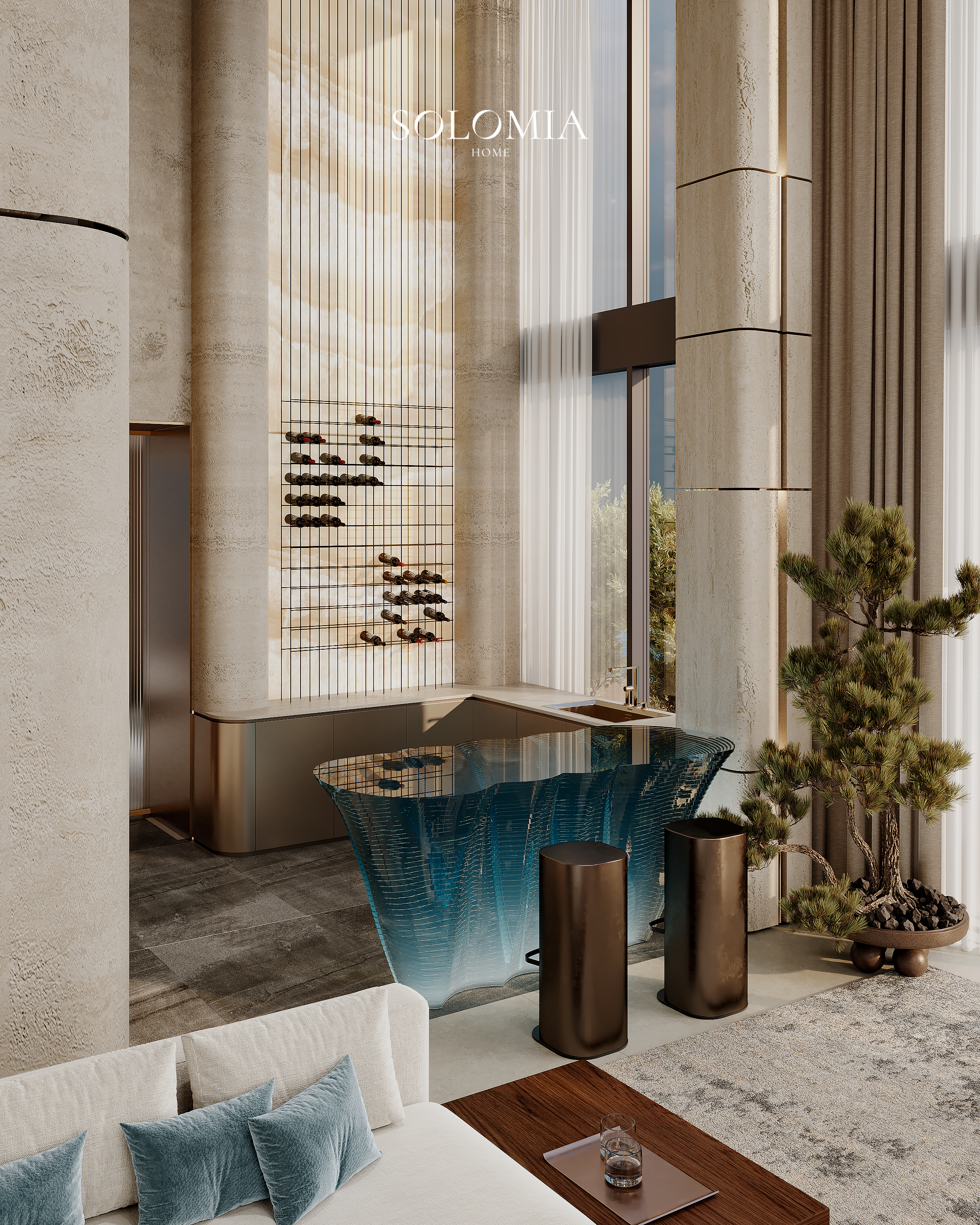 Blue glass console with bronze vases, Marsa Al Arab Villa — luxury interior design Dubai