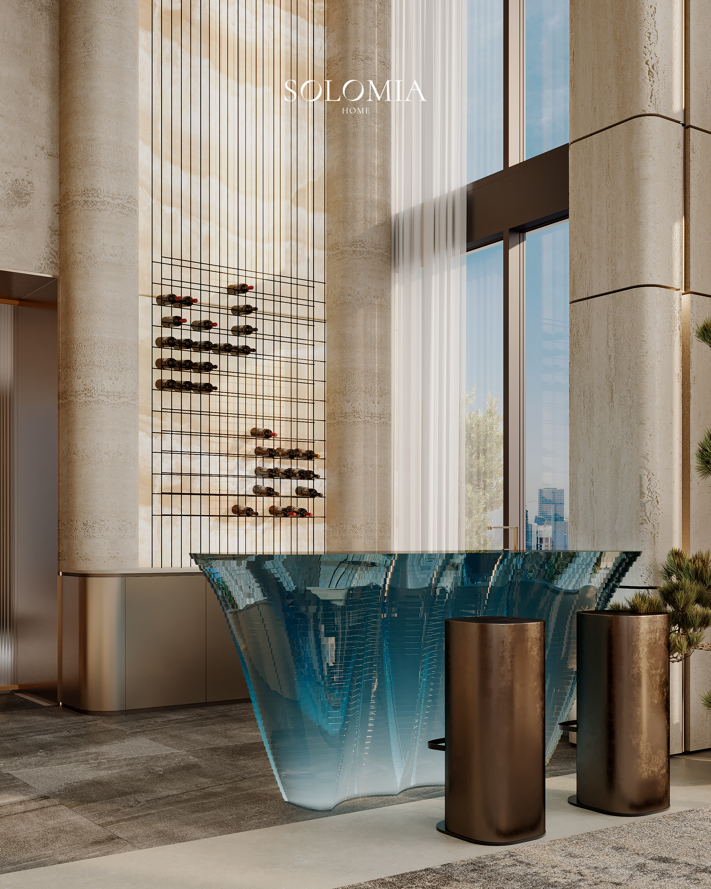 Blue glass console with bronze vases, Marsa Al Arab Villa — luxury interior design Dubai