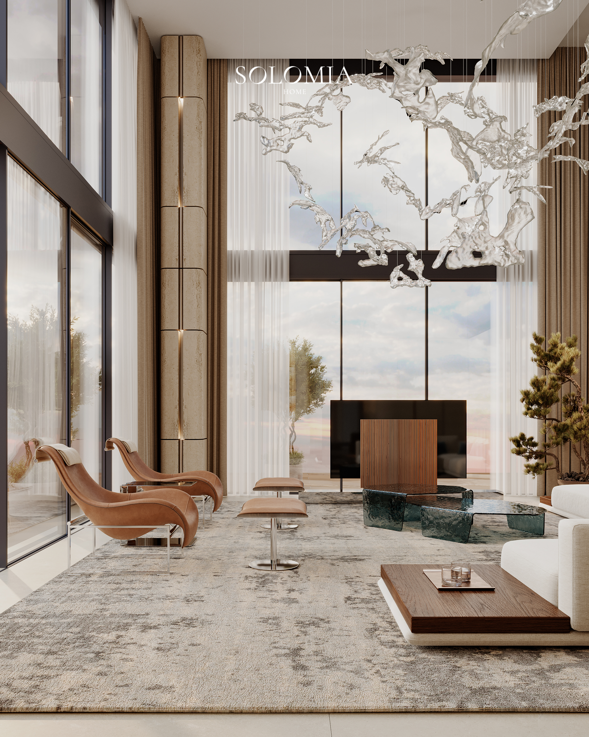 Living room with leather chair and TV, Marsa Al Arab Villa — luxury interior design Dubai