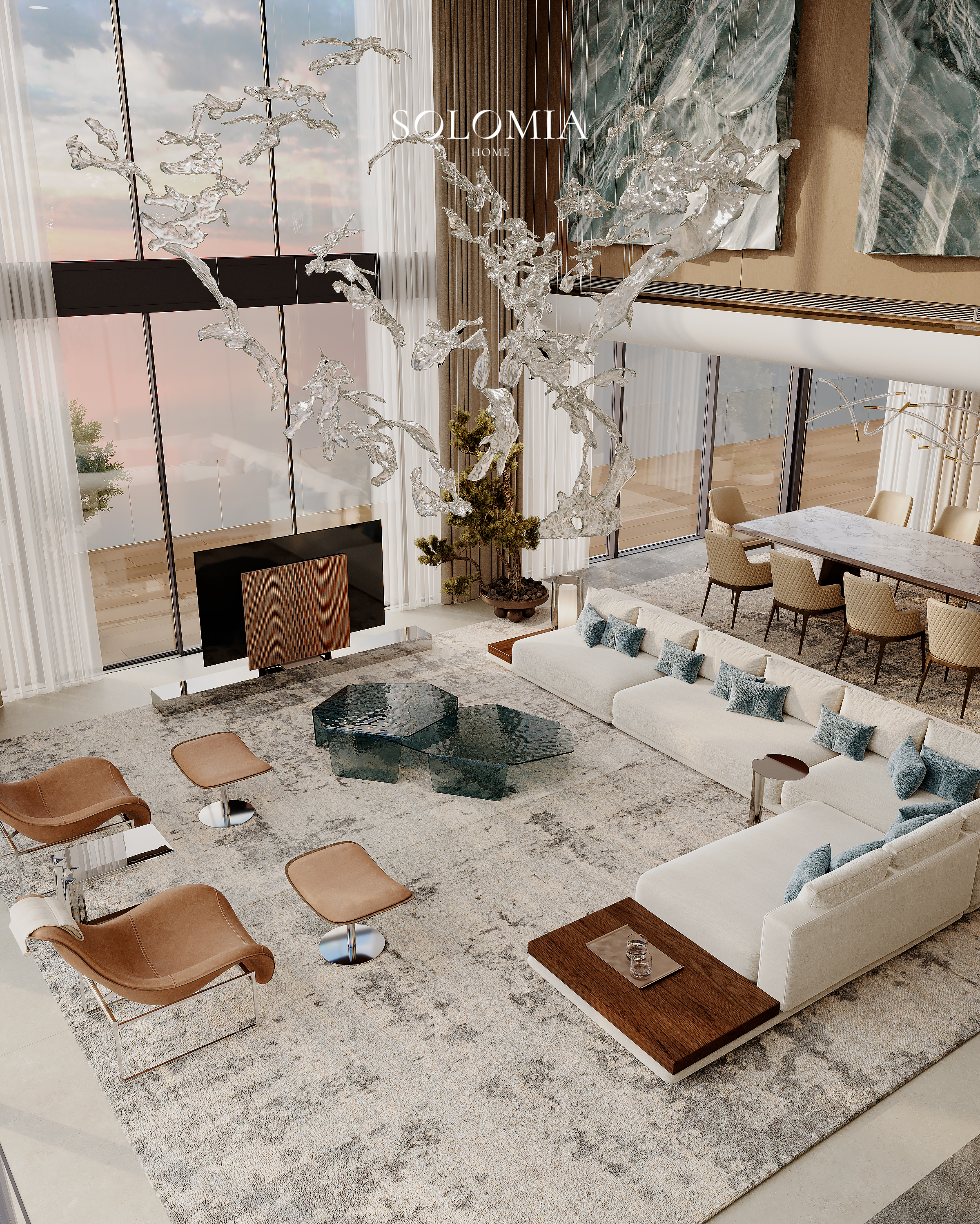 Living room with dining area and sea view, Marsa Al Arab Villa — luxury interior design Dubai