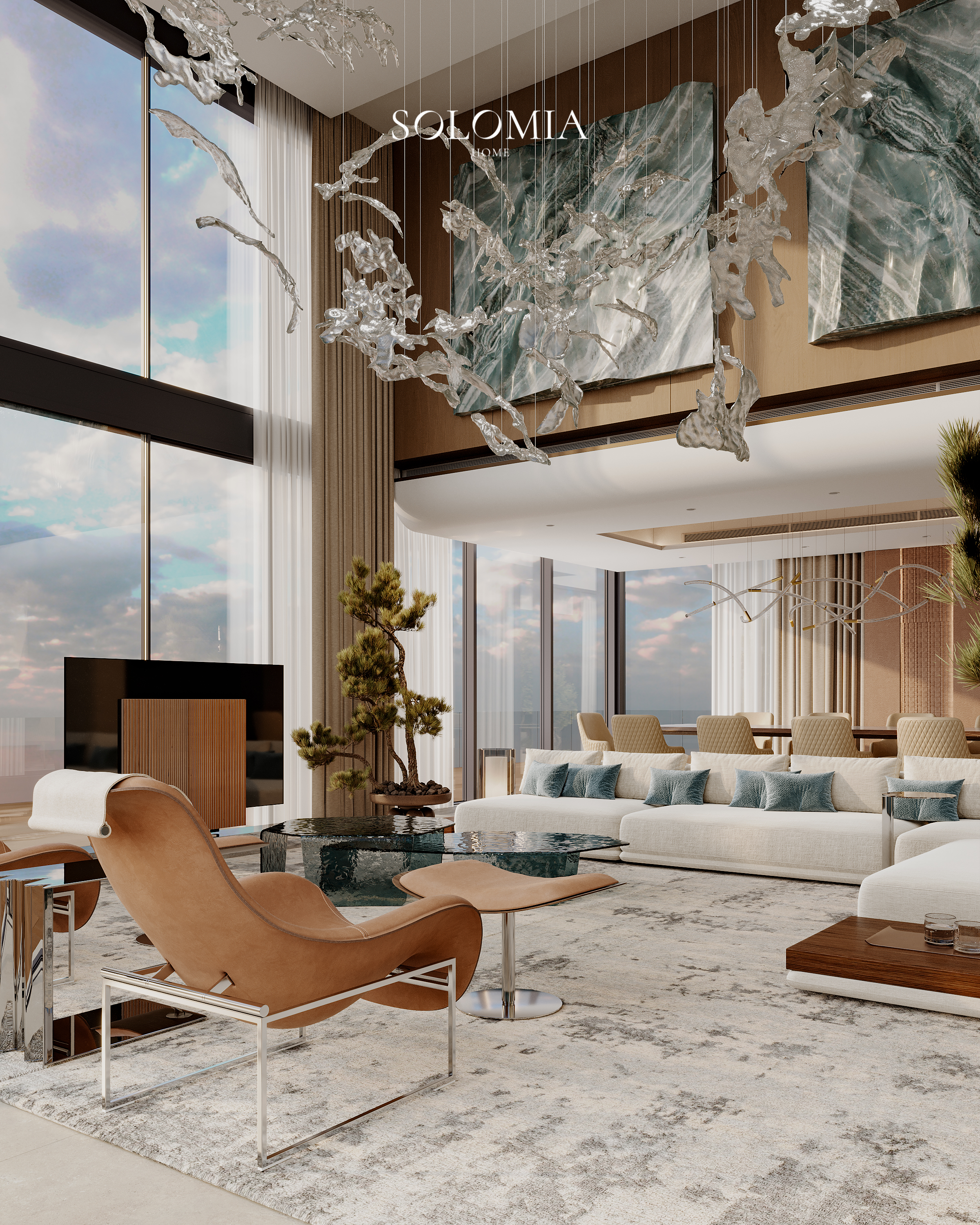 Living room with glass chandelier and leather chair, Marsa Al Arab Villa — luxury interior design Dubai