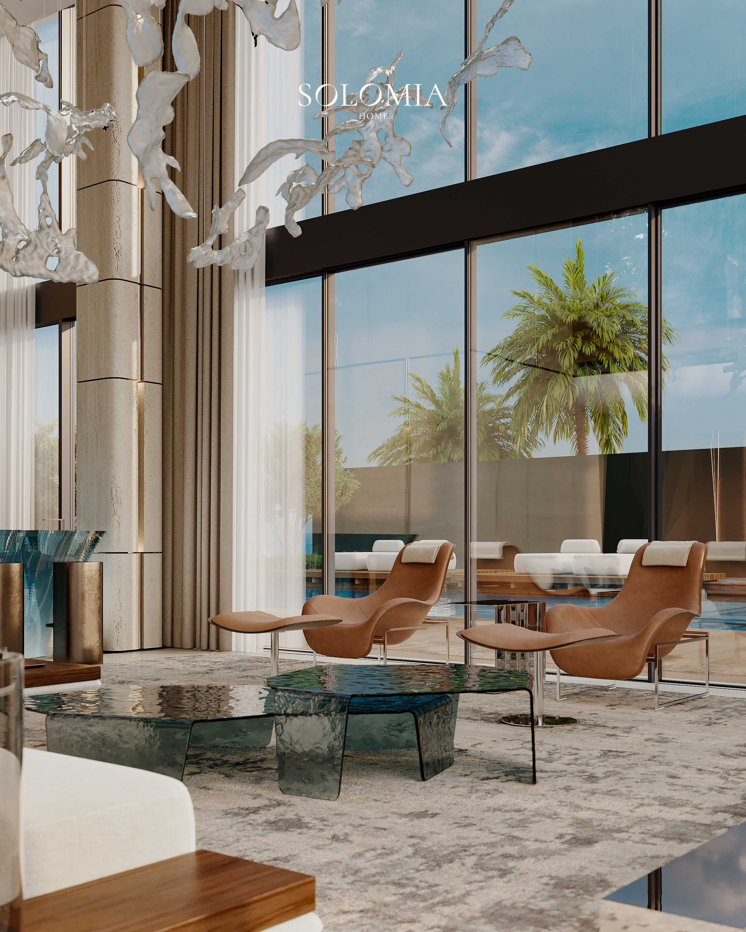 Lounge with leather chairs and pool view, Marsa Al Arab Villa — luxury interior design Dubai