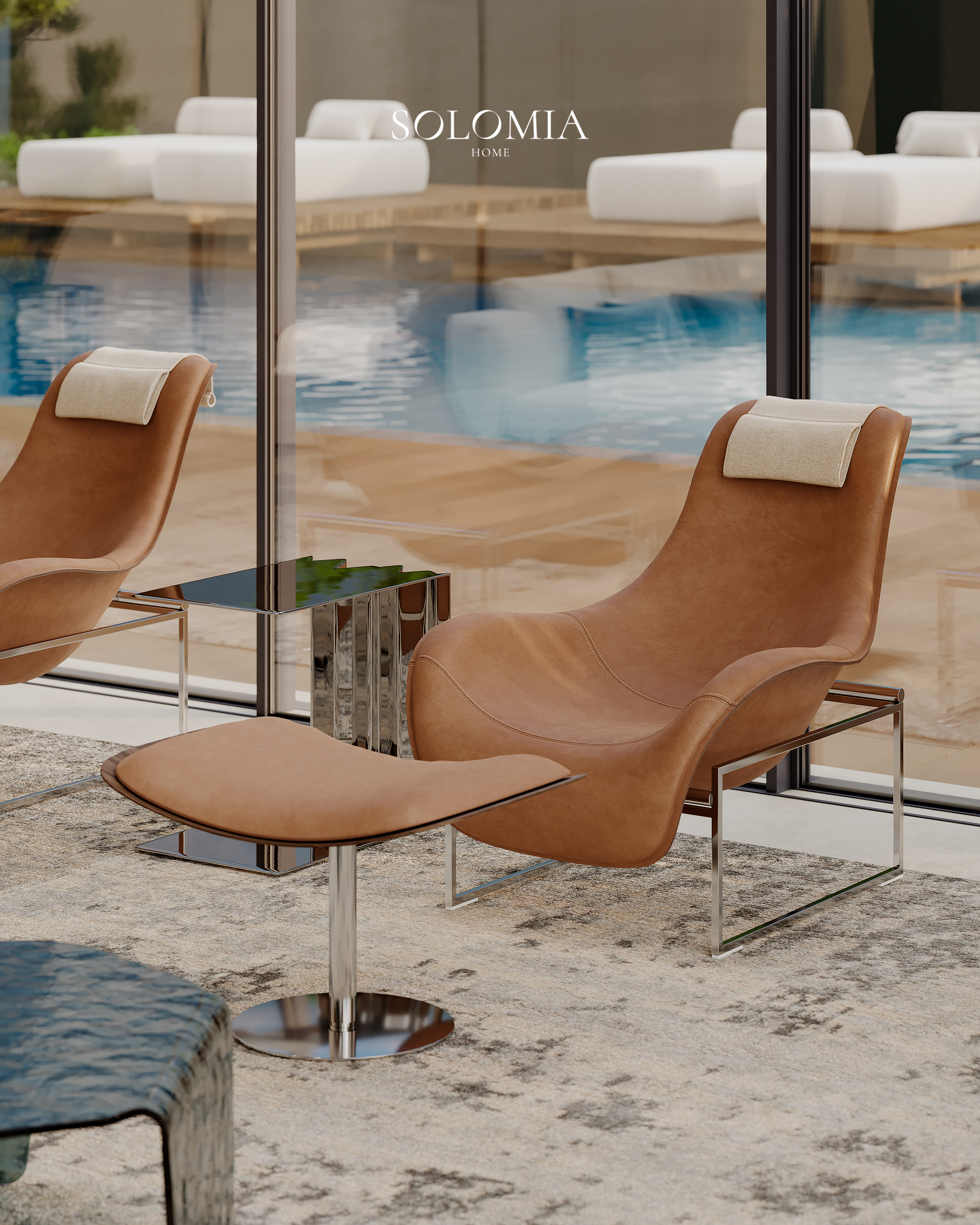 Leather lounge chairs by the pool window, Marsa Al Arab Villa — luxury interior design Dubai