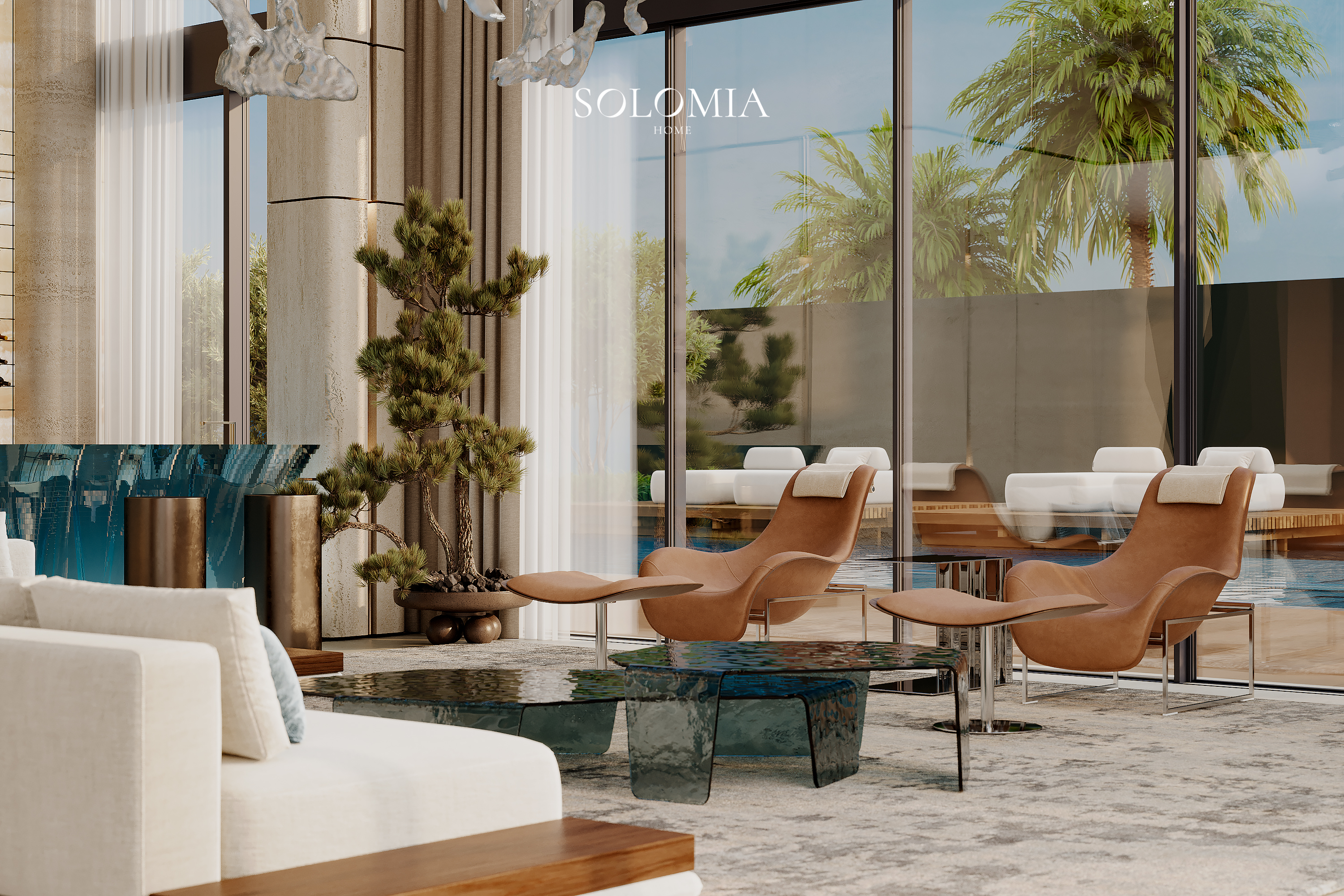 Living room with pool view, Marsa Al Arab Villa — luxury interior design Dubai