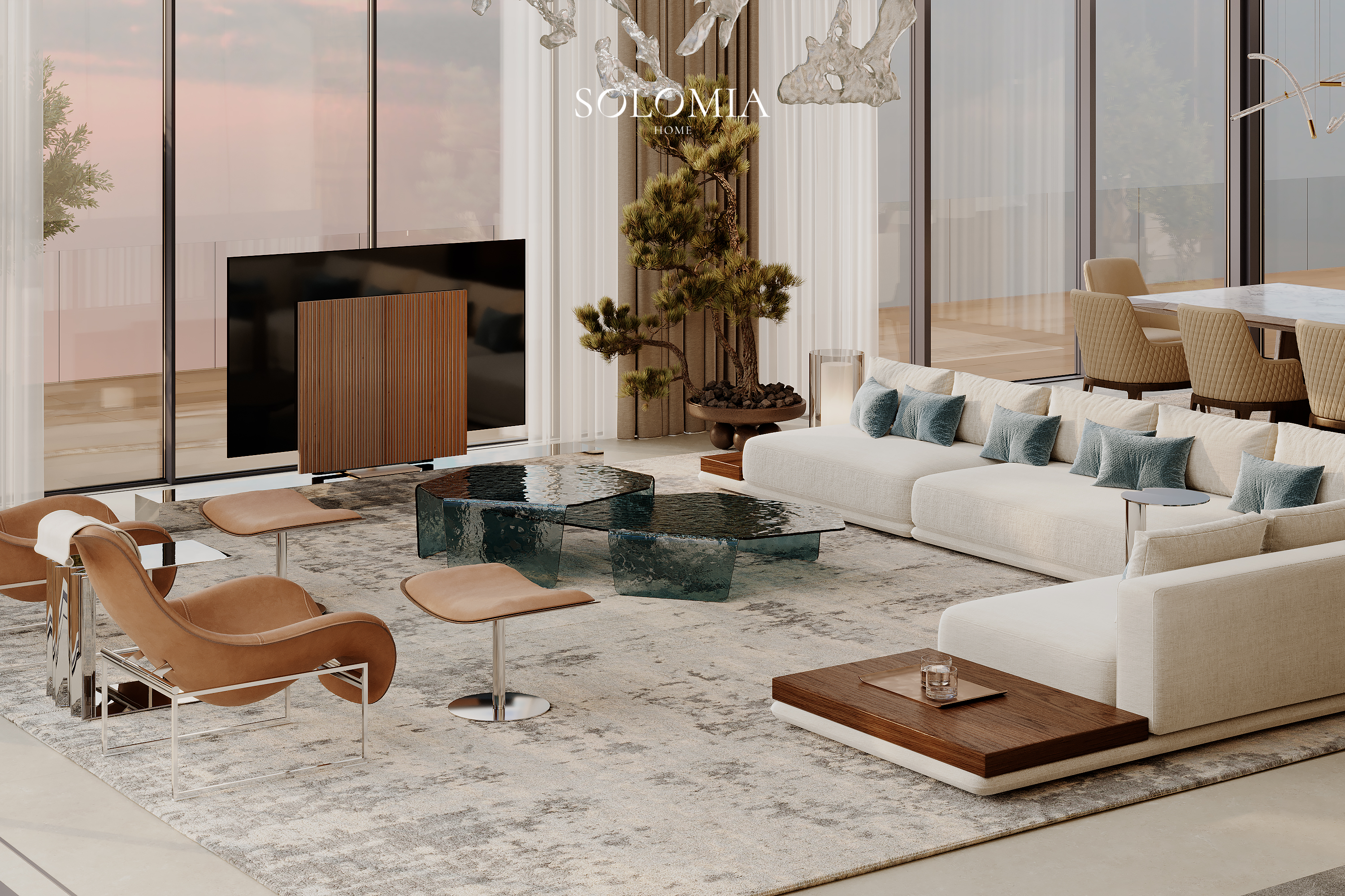 Living room with TV and blue glass table, Marsa Al Arab Villa — luxury interior design Dubai