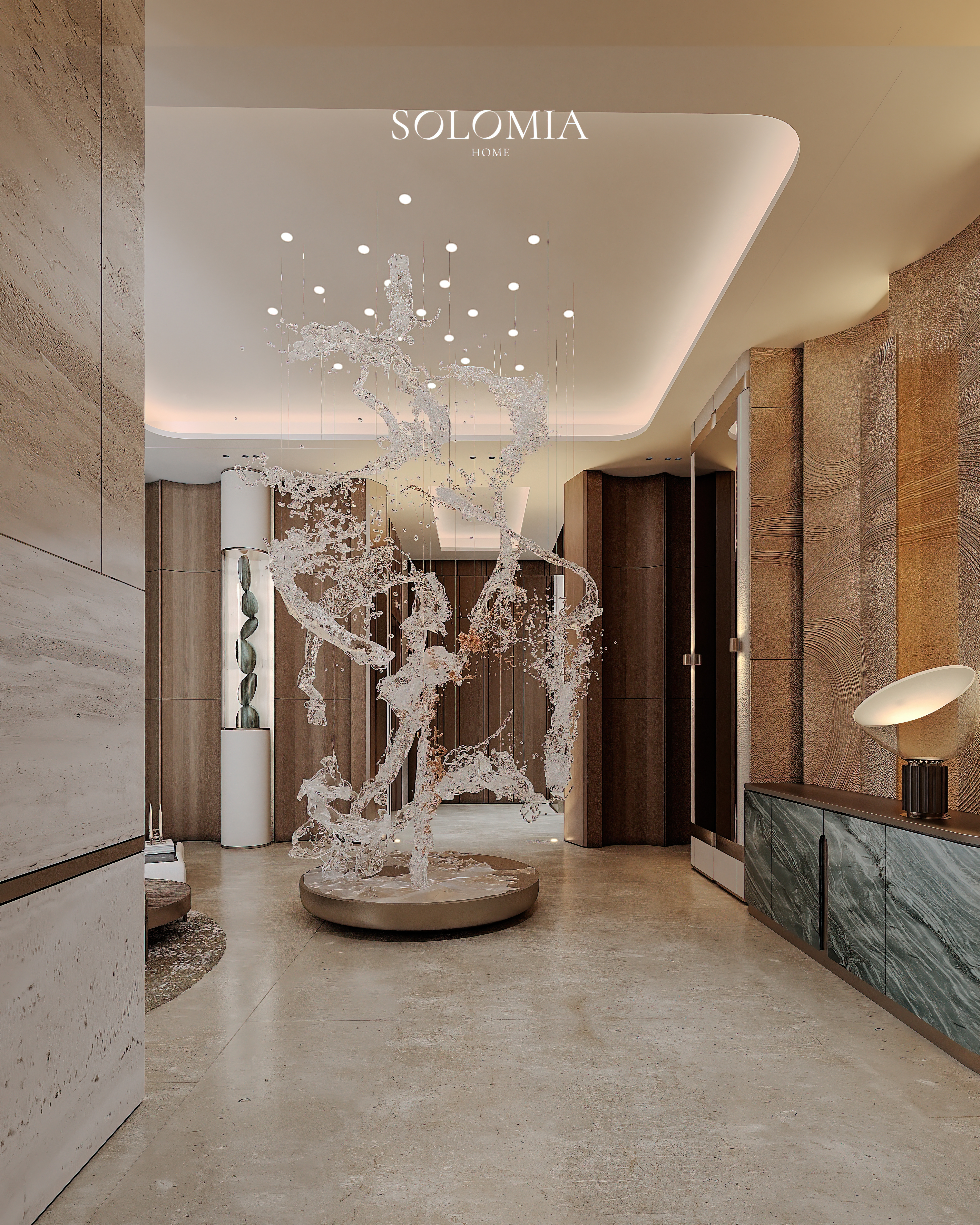 Lobby with glass splash sculpture, Marsa Al Arab Villa — luxury interior design Dubai