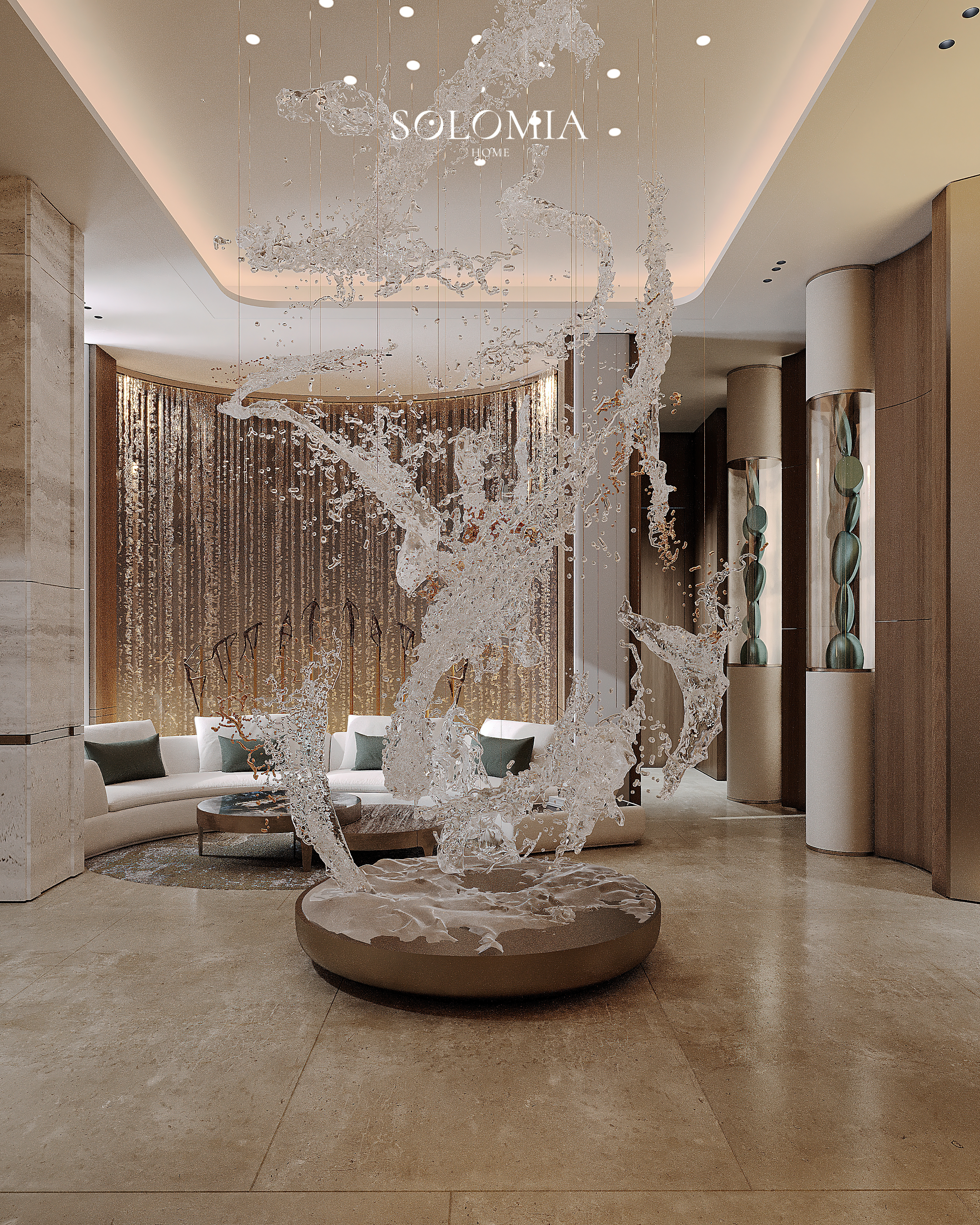 Lobby with crystal sculpture and curved sofa, Marsa Al Arab Villa — luxury interior design Dubai