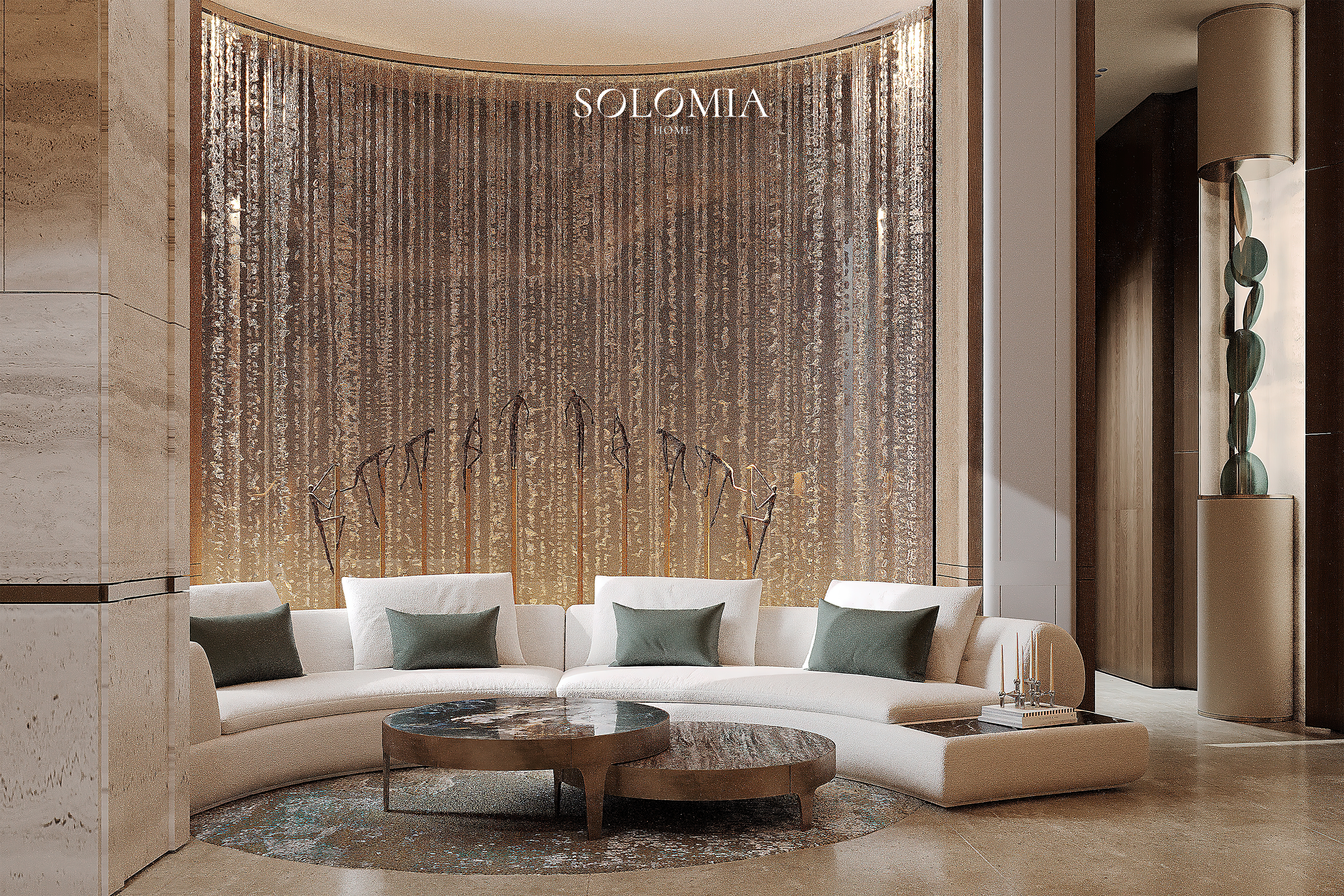 Curved sofa with beaded curtain wall, Marsa Al Arab Villa — luxury interior design Dubai