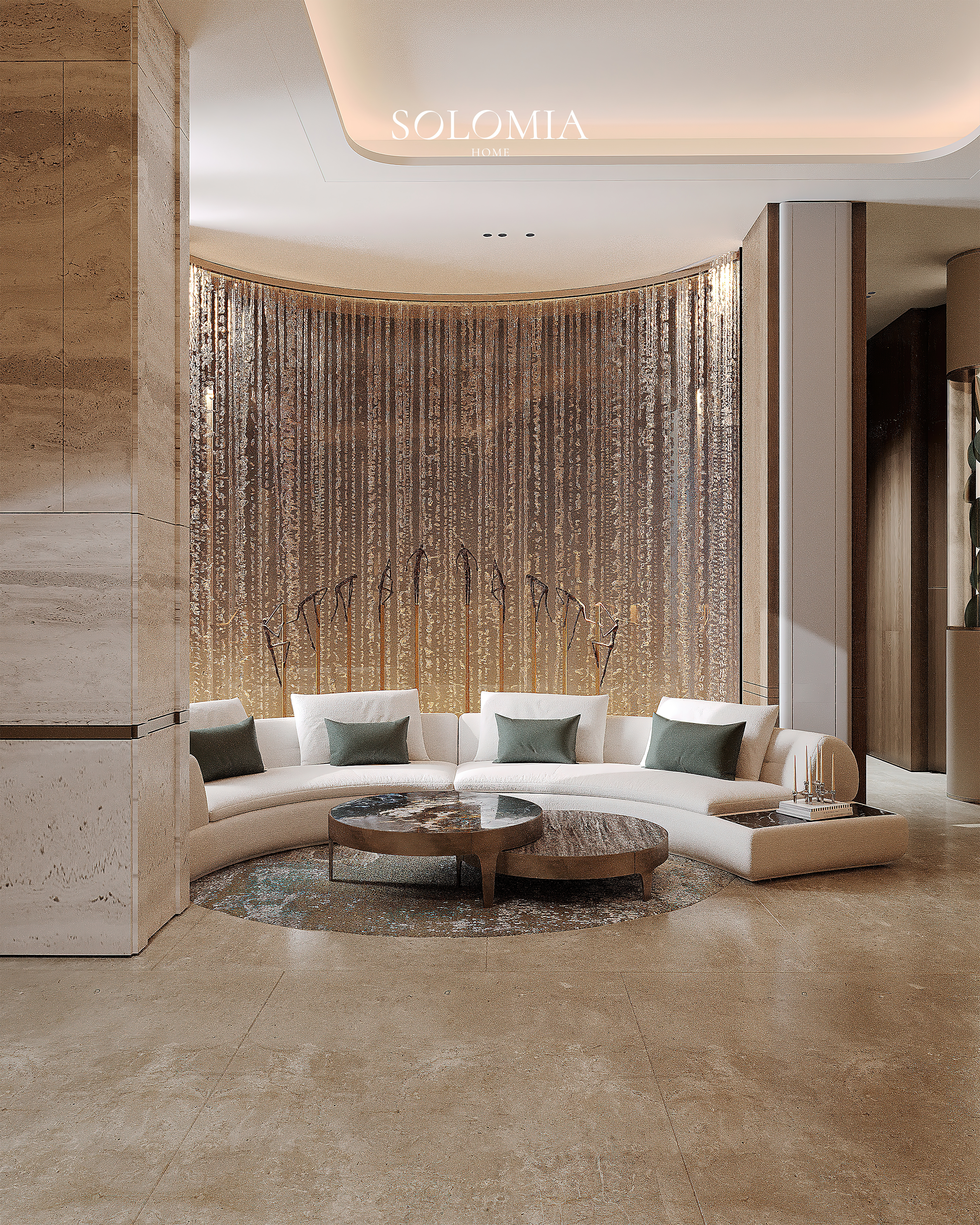 Lounge with curved sofa and beaded curtain, Marsa Al Arab Villa — luxury interior design Dubai