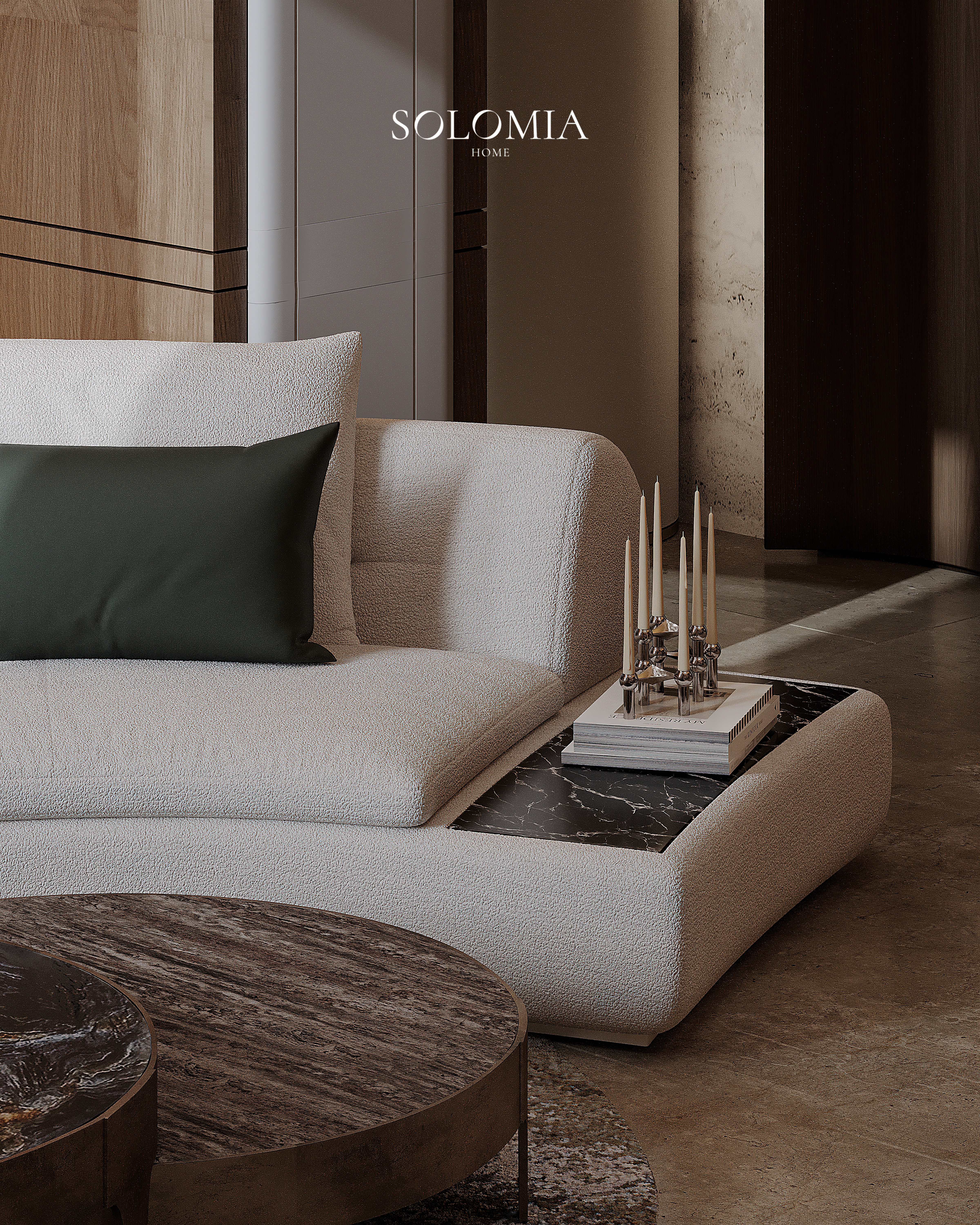 Curved sofa with marble tables, Marsa Al Arab Villa — luxury interior design Dubai