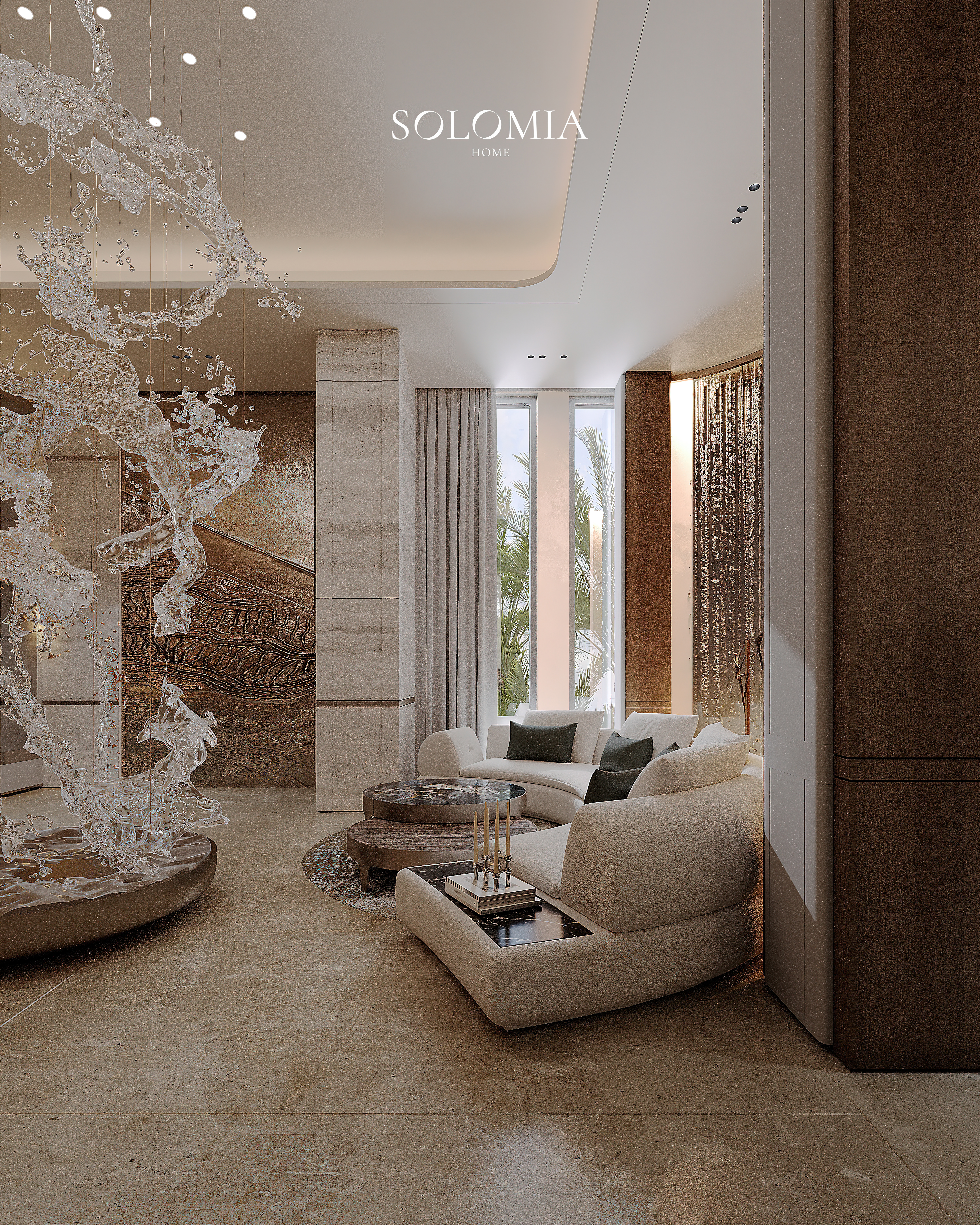 Lobby with sculpture and curved sofa, Marsa Al Arab Villa — luxury interior design Dubai