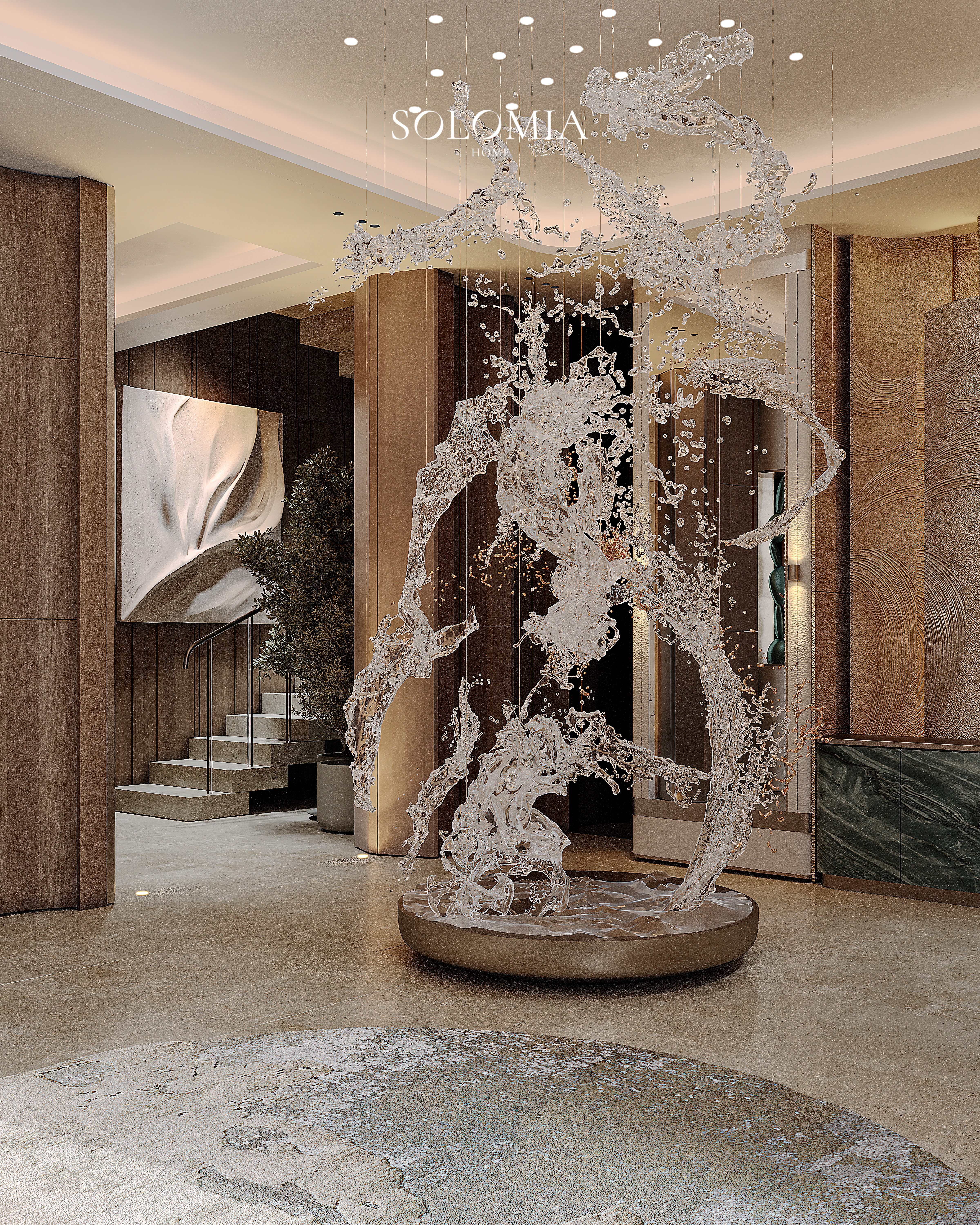 Lobby with crystal splash sculpture and staircase, Marsa Al Arab Villa — luxury interior design Dubai