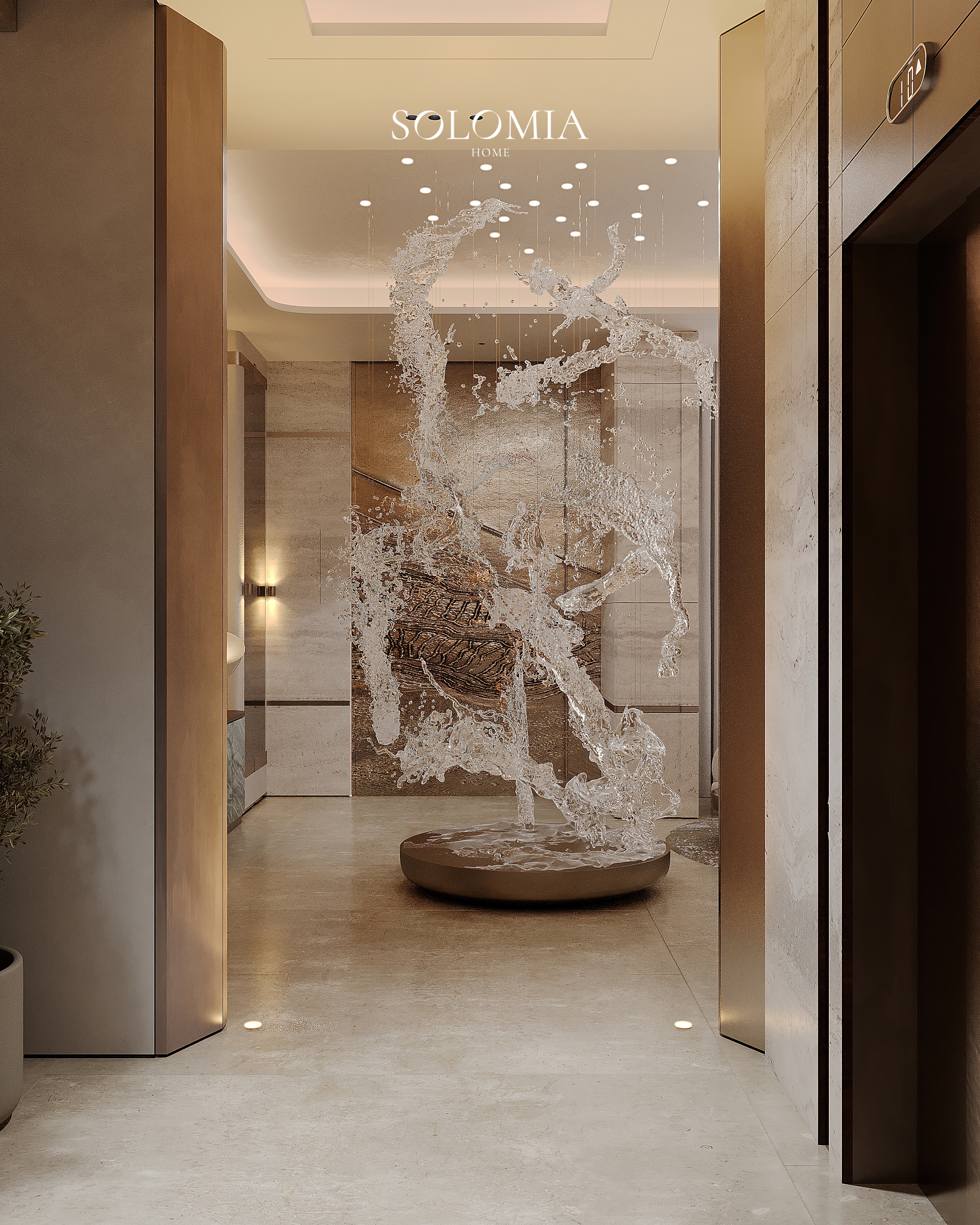 Lobby with crystal sculpture and stone walls, Marsa Al Arab Villa — luxury interior design Dubai