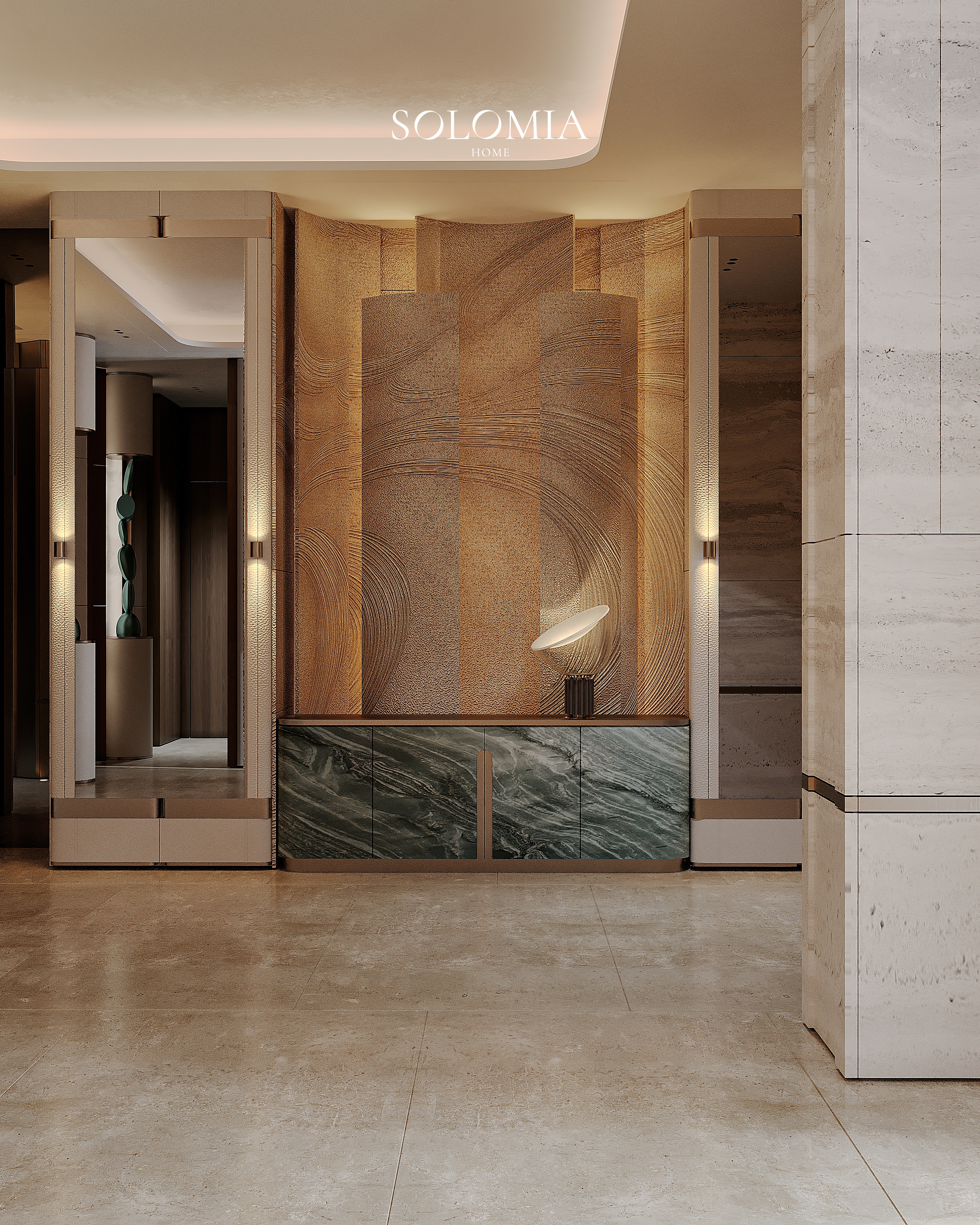 Lobby with green marble and travertine, Marsa Al Arab Villa — luxury interior design Dubai