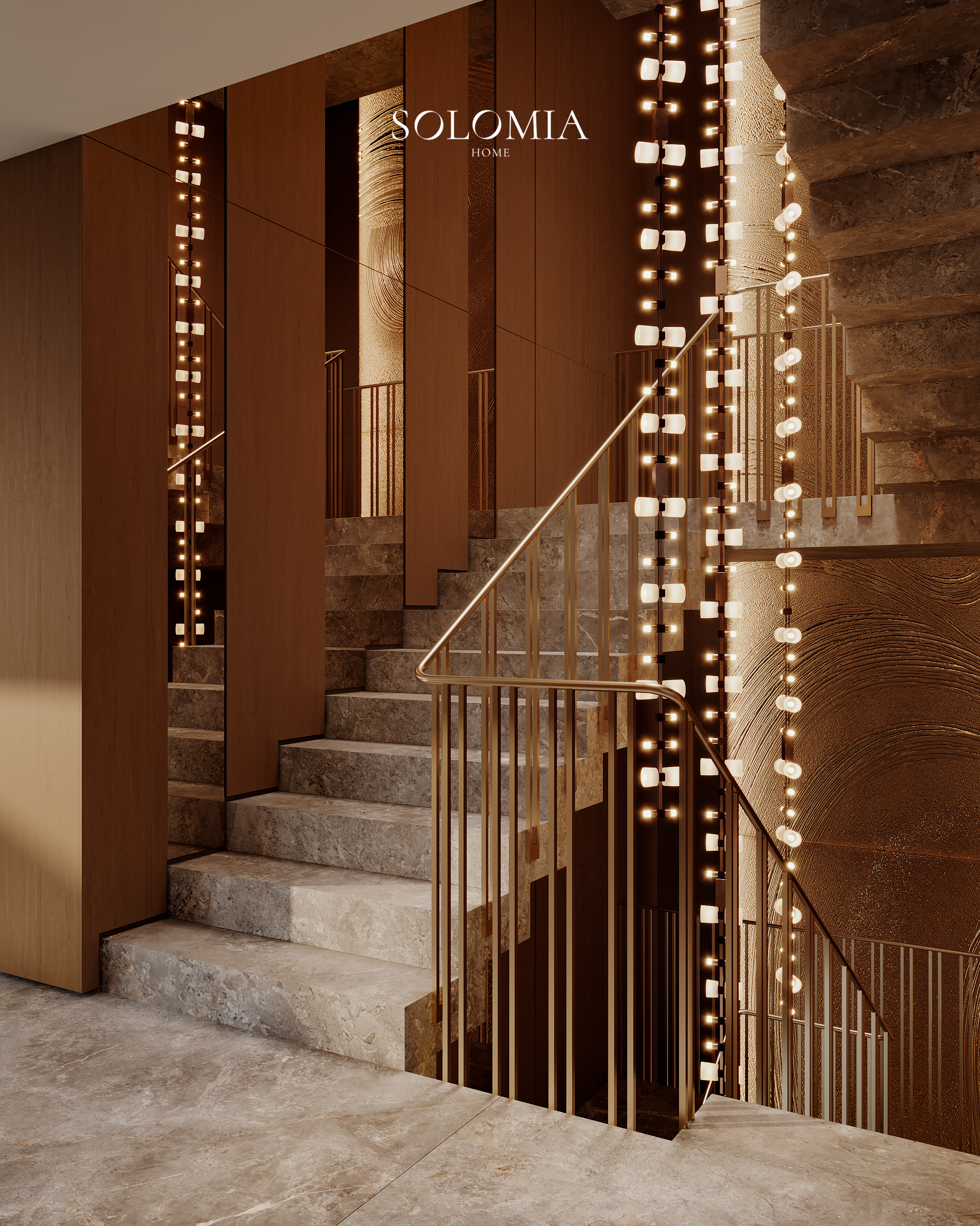 Staircase with cascading pendant lights, Marsa Al Arab Villa — luxury interior design Dubai