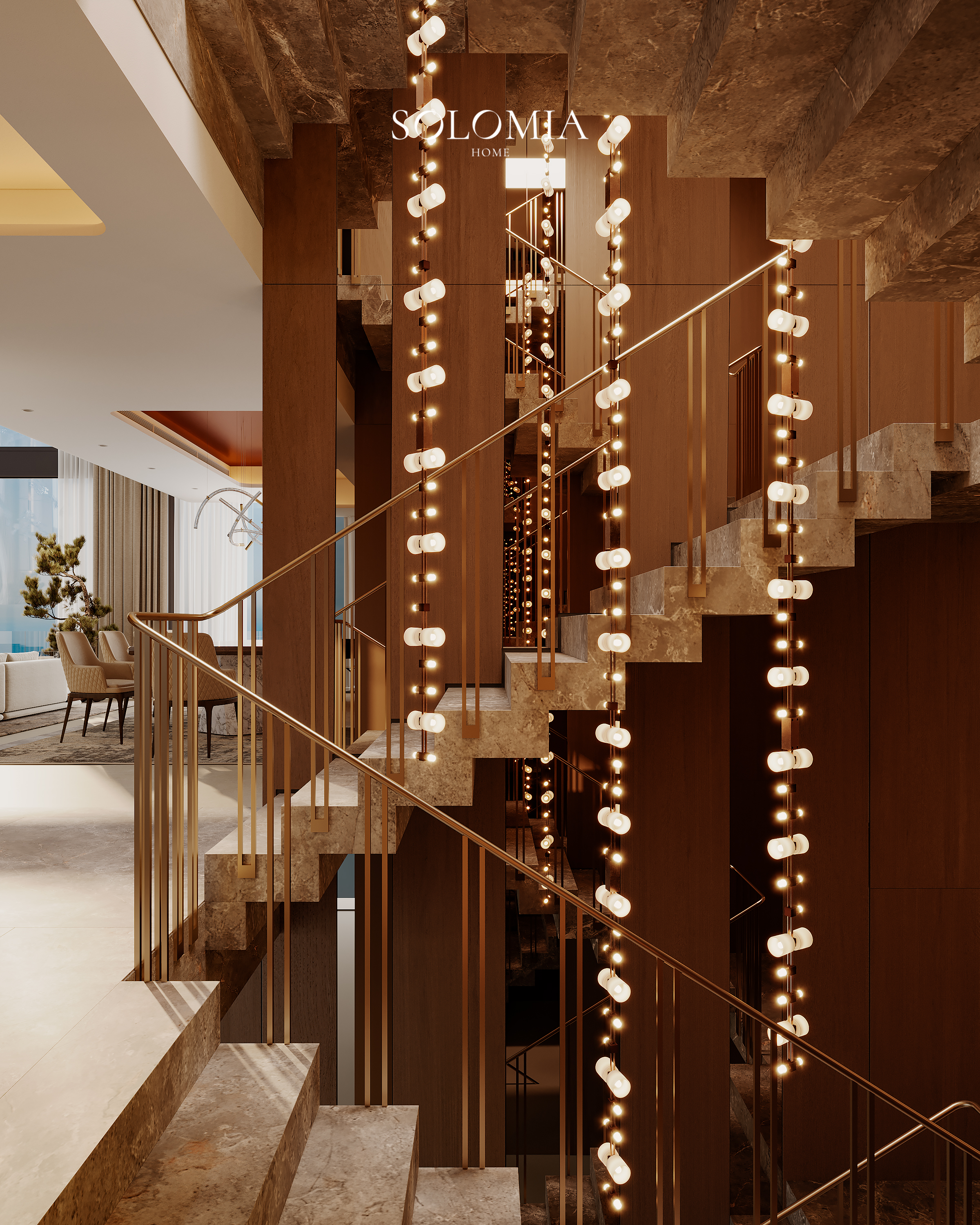 Staircase with cascading lights and brass rail, Marsa Al Arab Villa — luxury interior design Dubai