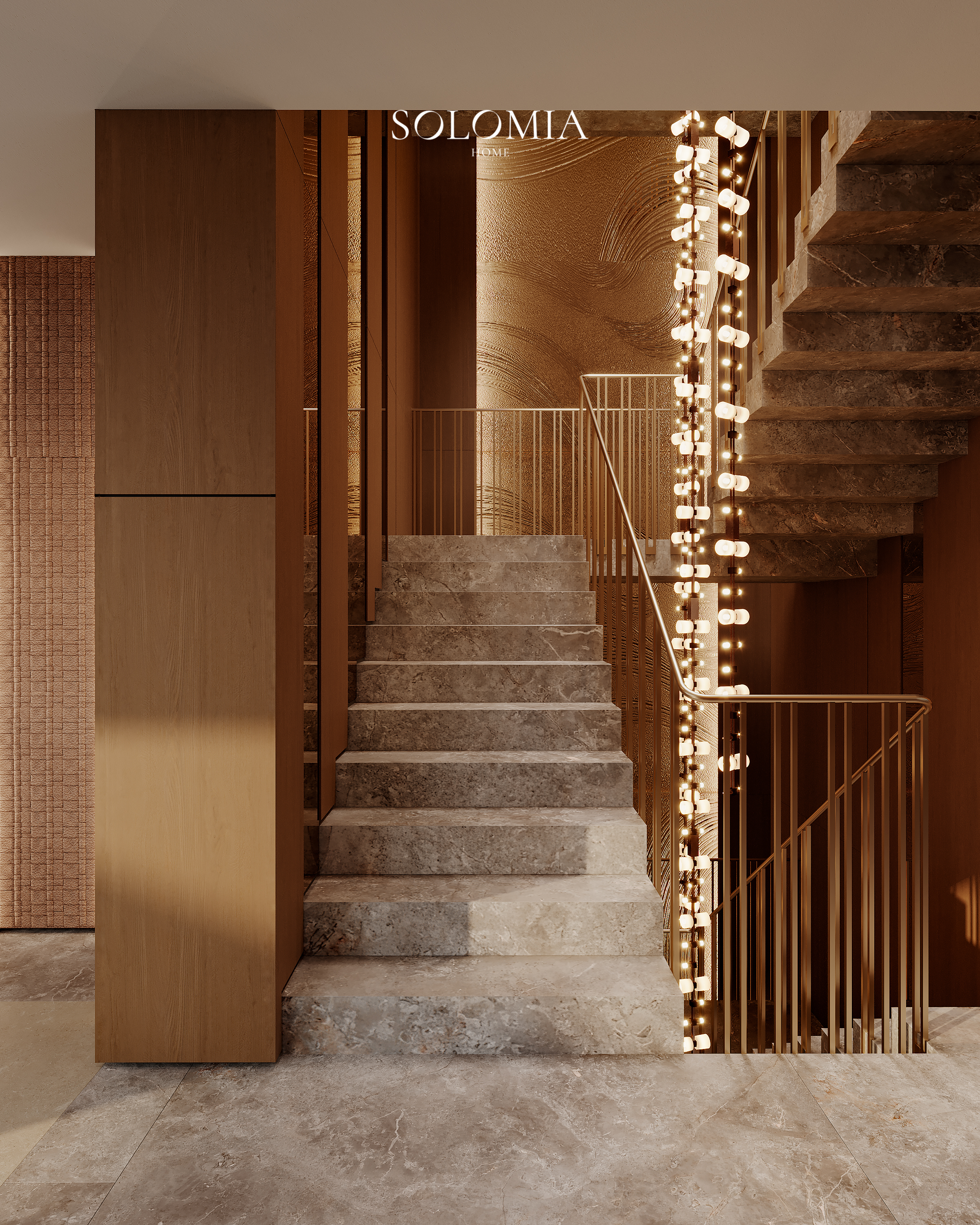 Stone staircase with pendant lights, Marsa Al Arab Villa — luxury interior design Dubai