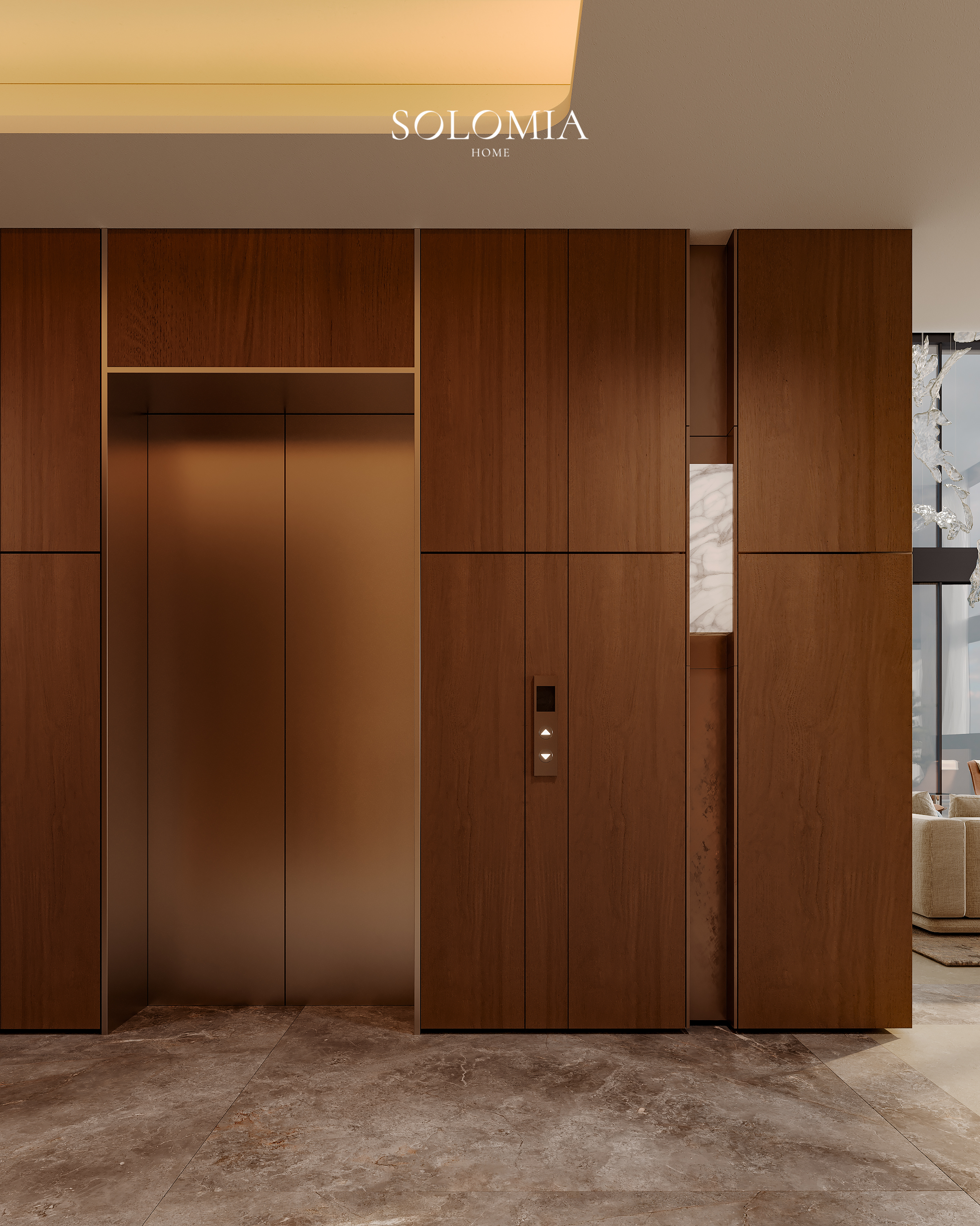 Hall with wood-panelled elevator doors, Marsa Al Arab Villa — luxury interior design Dubai