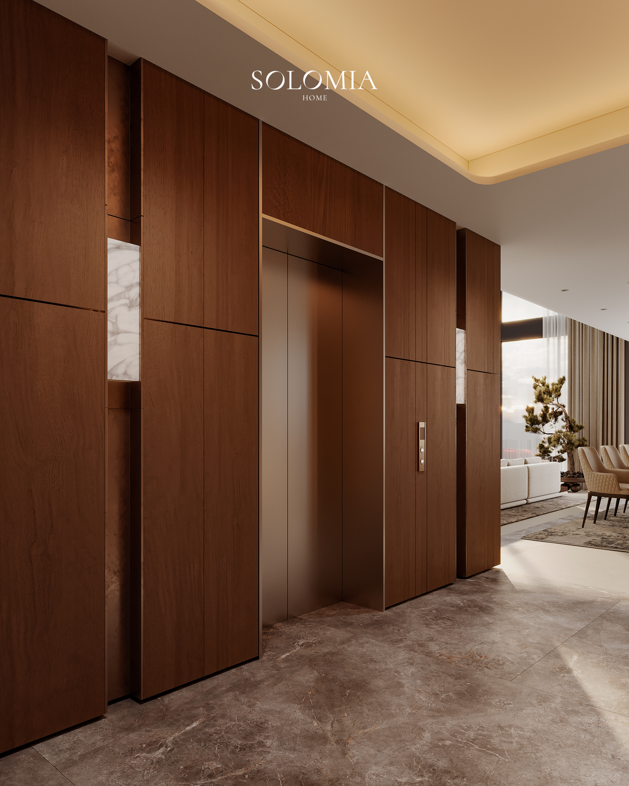 Hall with wood panelling and elevator, Marsa Al Arab Villa — luxury interior design Dubai