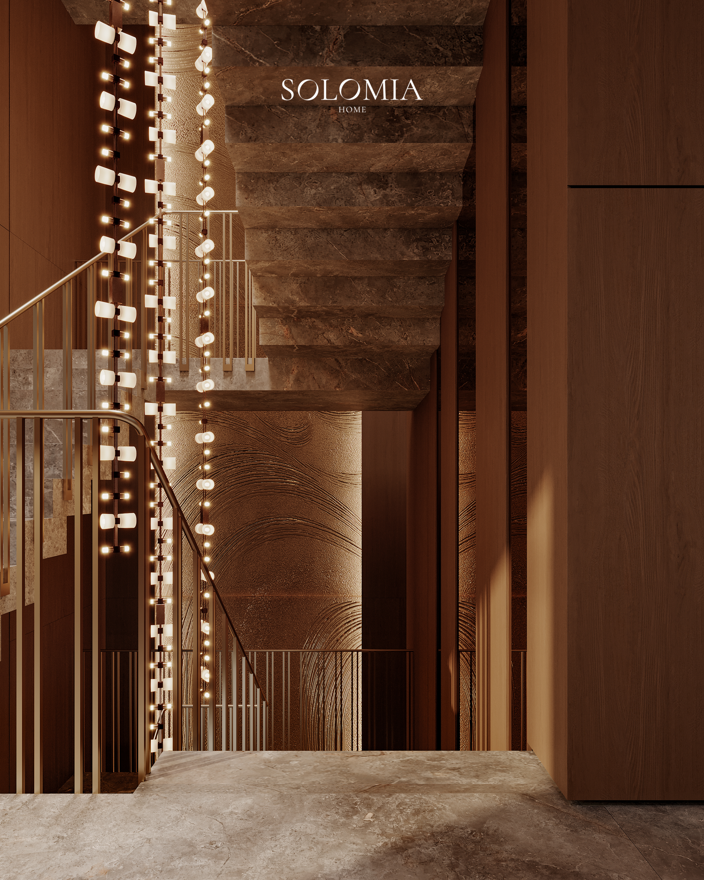 Staircase with cascading lights, Marsa Al Arab Villa — luxury interior design Dubai
