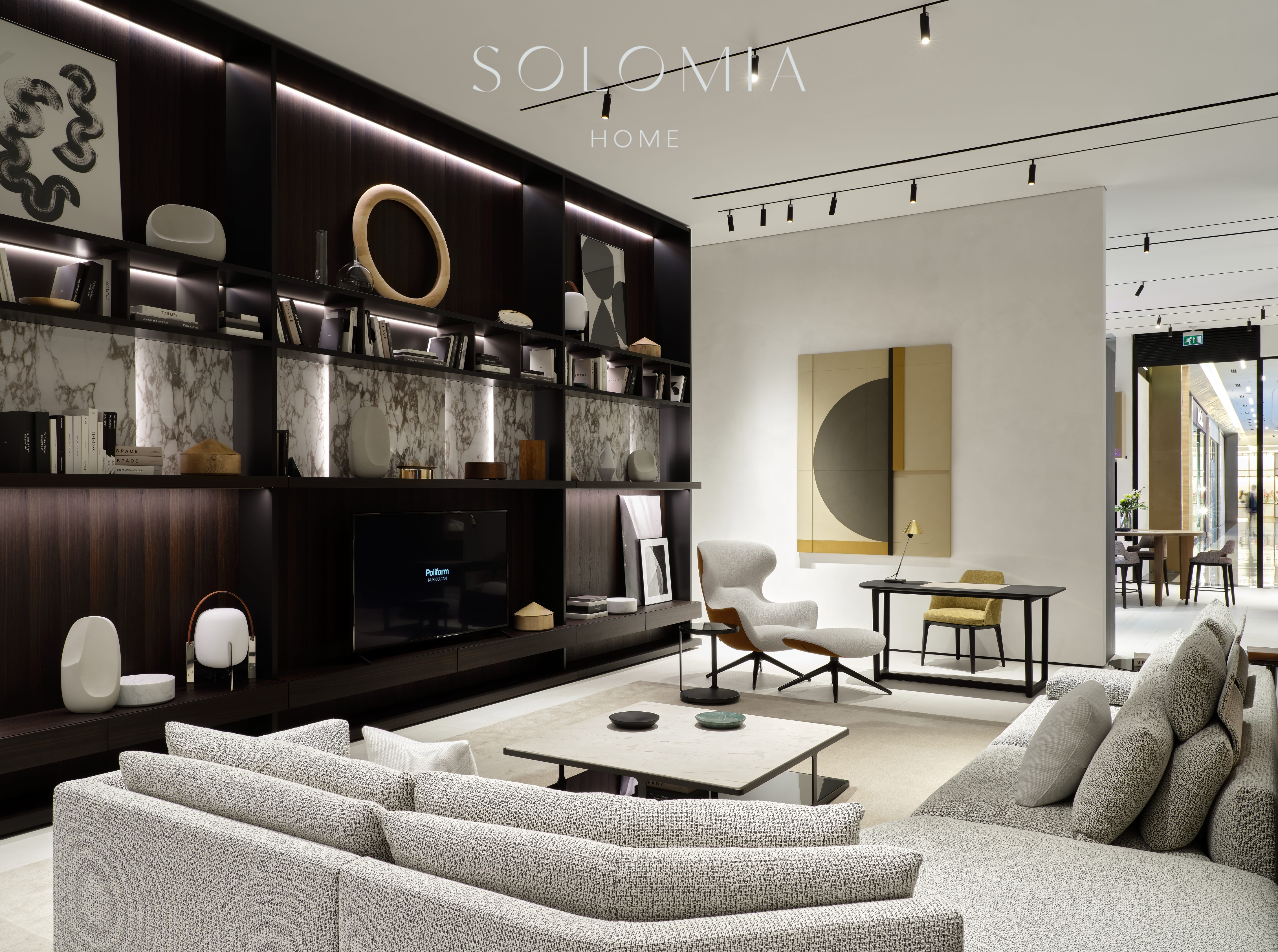 Lounge with TV wall and shelving, Poliform Project — showroom interior design Astana