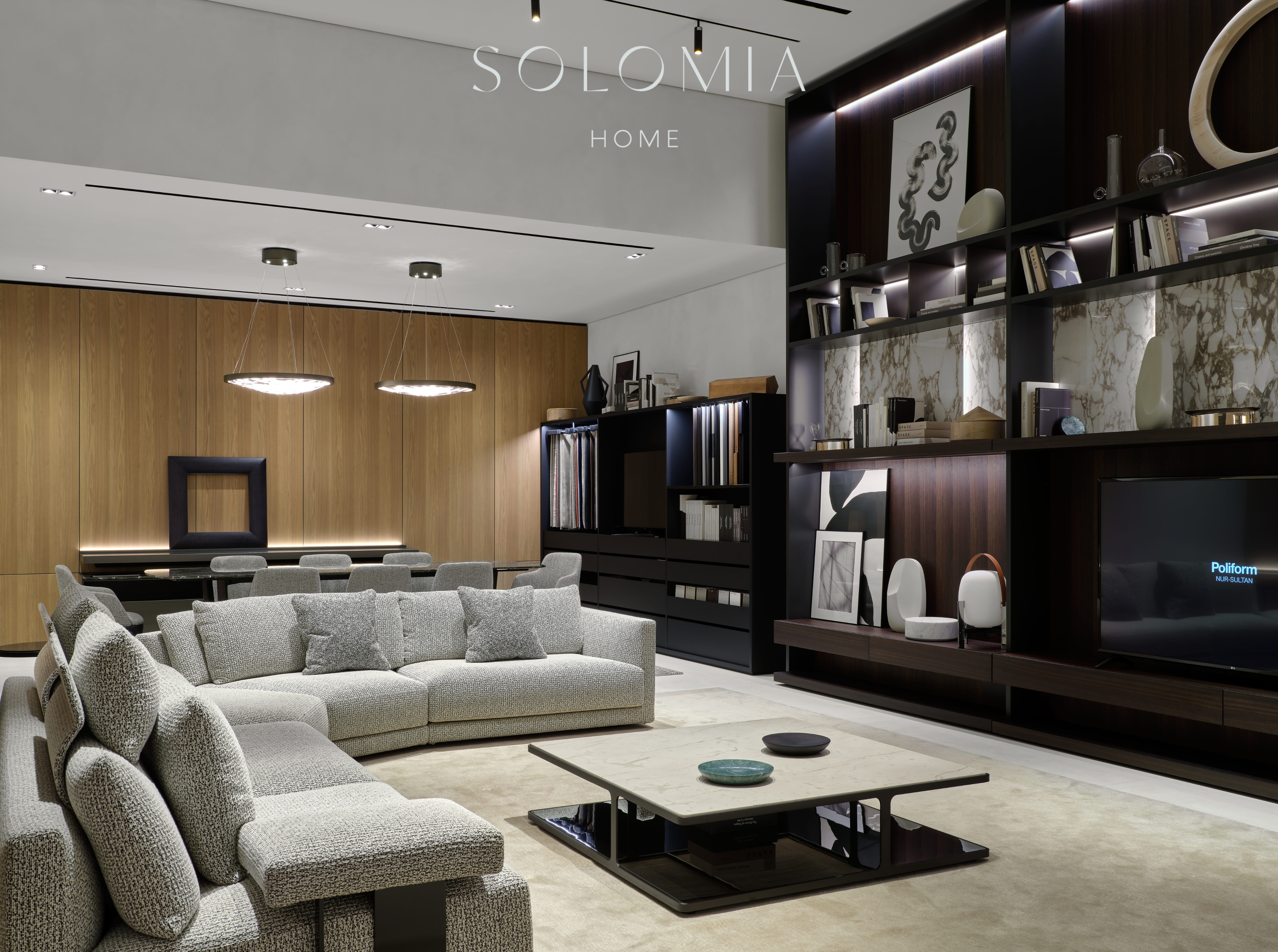 Showroom living area with wood panels, Poliform Project — showroom interior design Astana