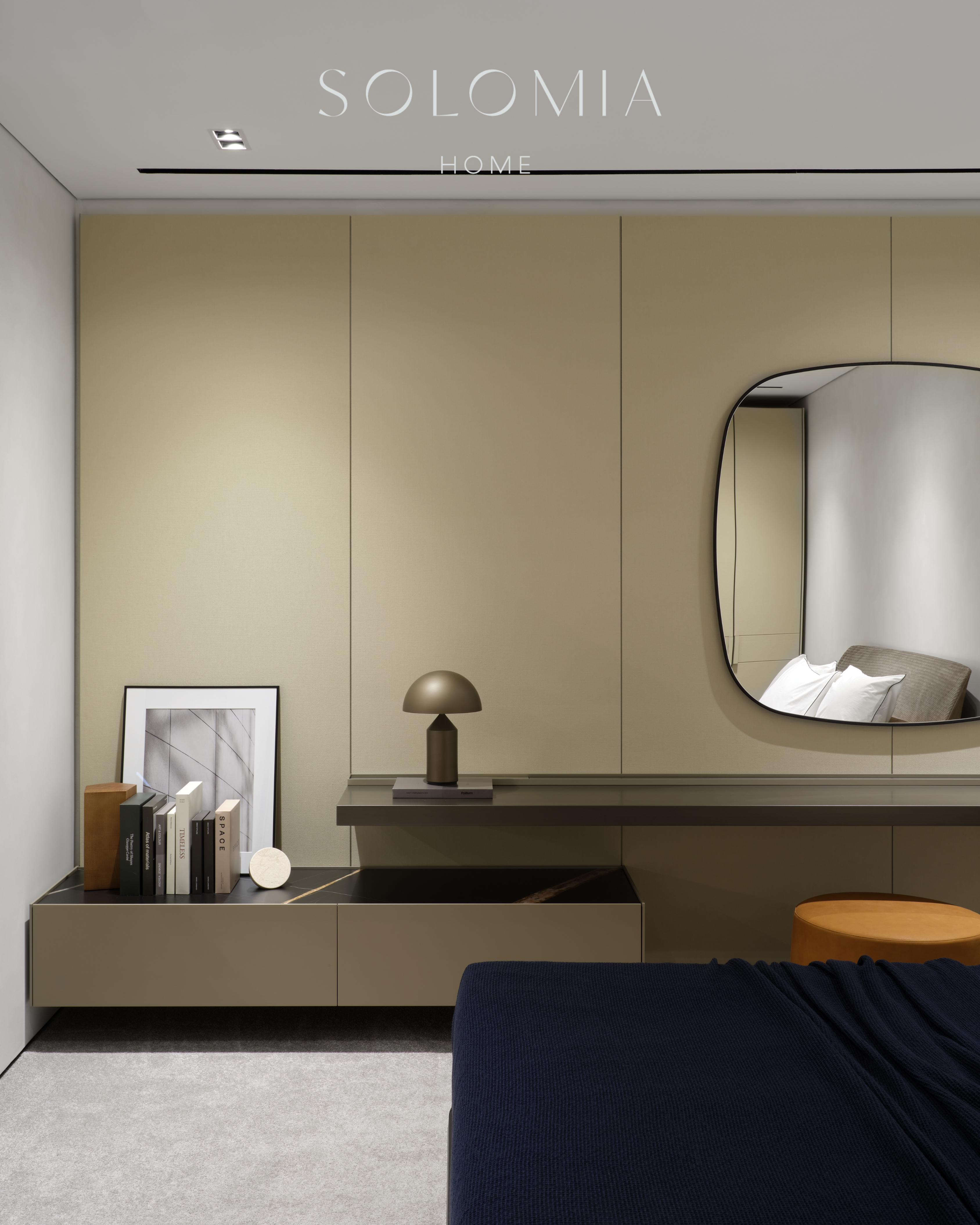 Bedroom with round mirror and console, Poliform Project — showroom interior design Astana