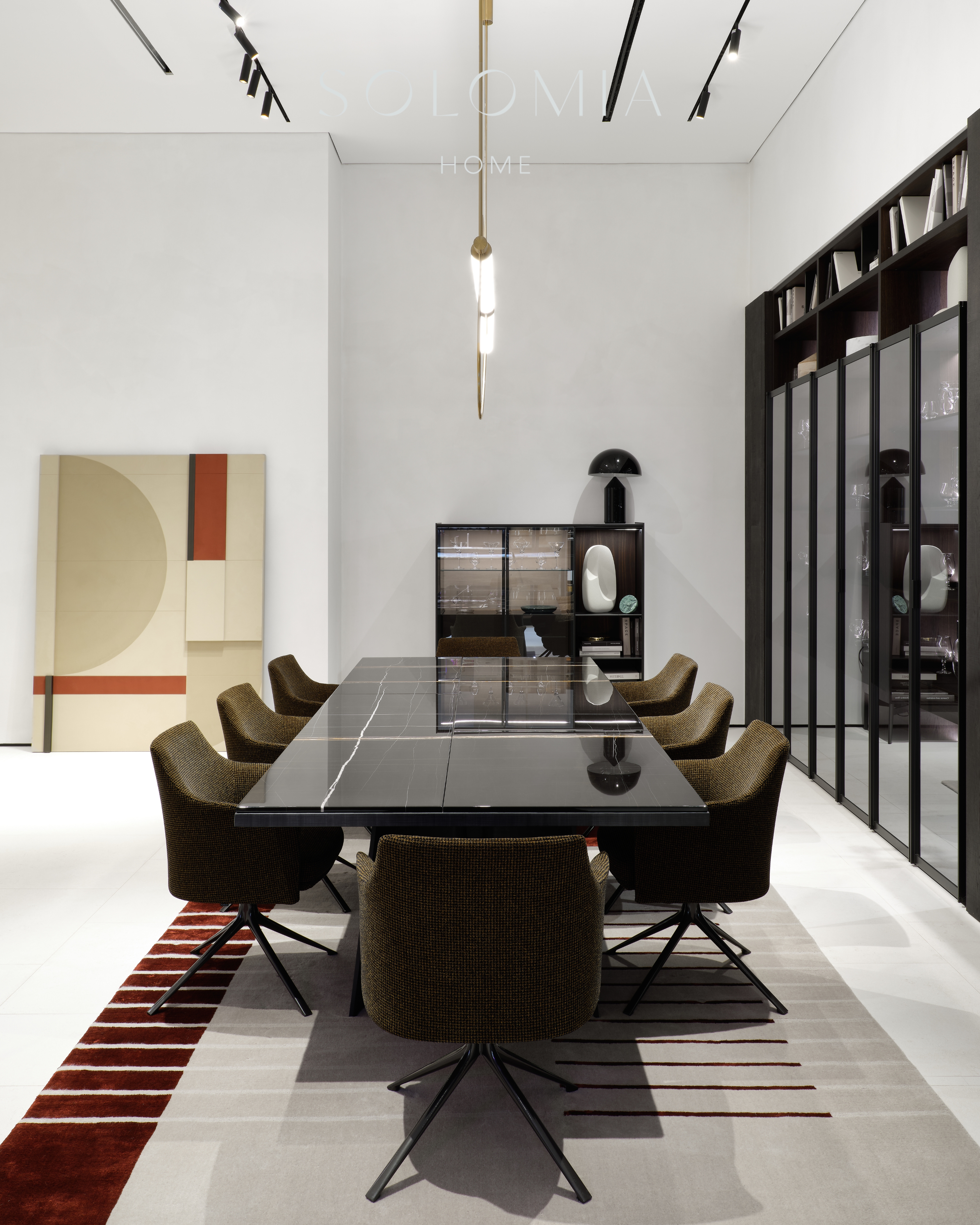 Dining table with velvet chairs, Poliform Project — showroom interior design Astana