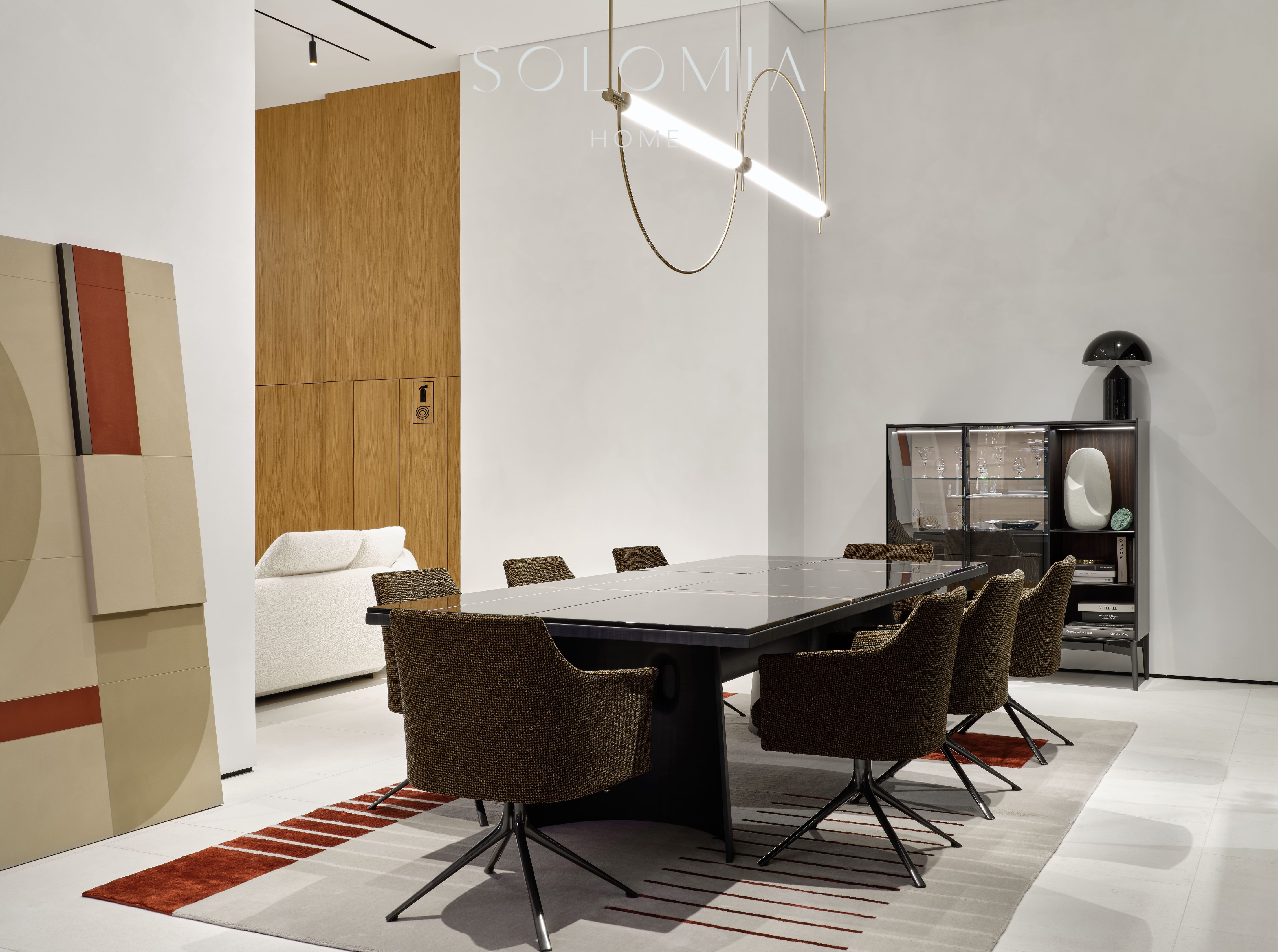 Dining room with artwork and red rug, Poliform Project — showroom interior design Astana