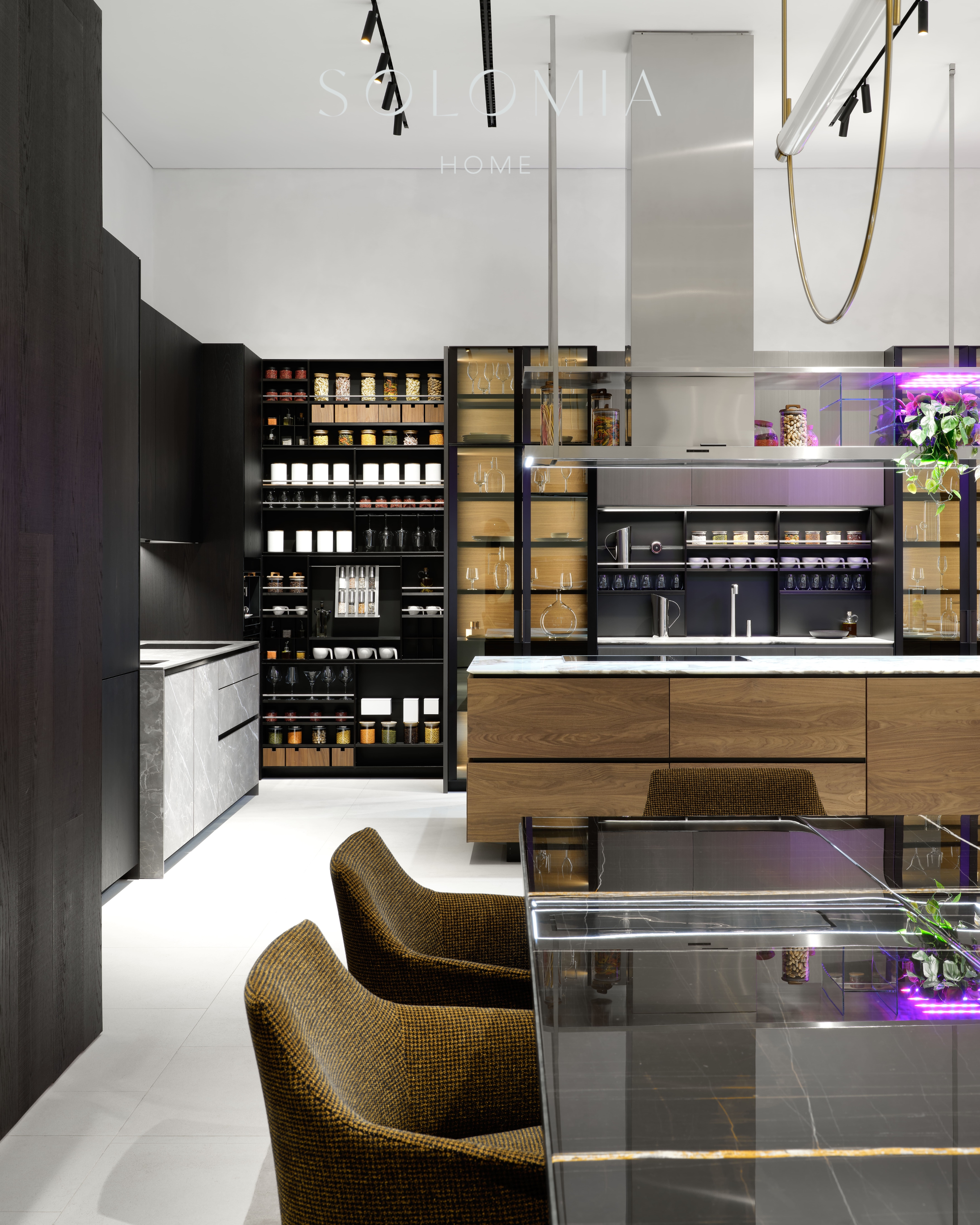 Kitchen with glass pantry, Poliform Project — showroom interior design Astana