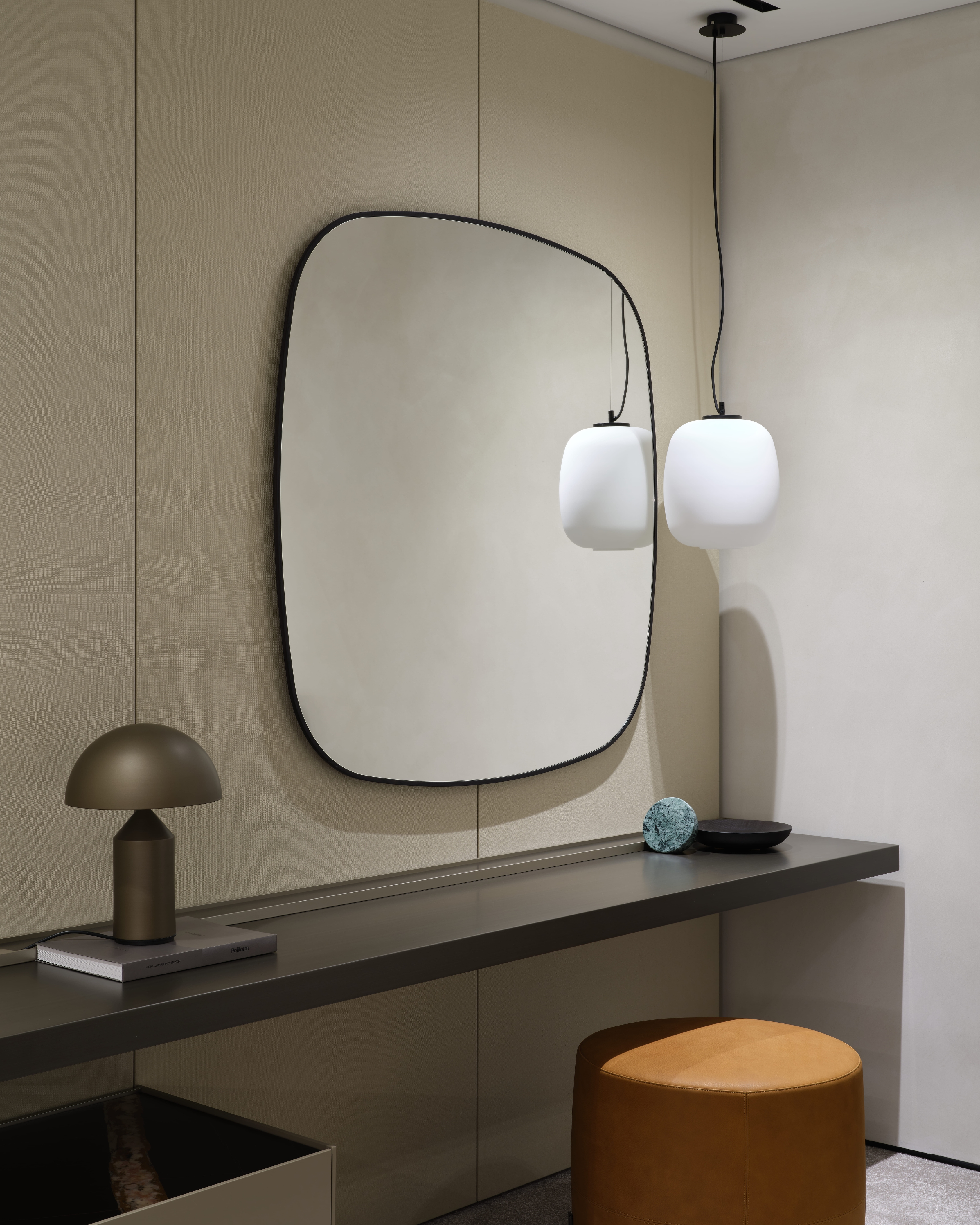 Console with round mirror and pendant lamps, Poliform Project — showroom interior design Astana