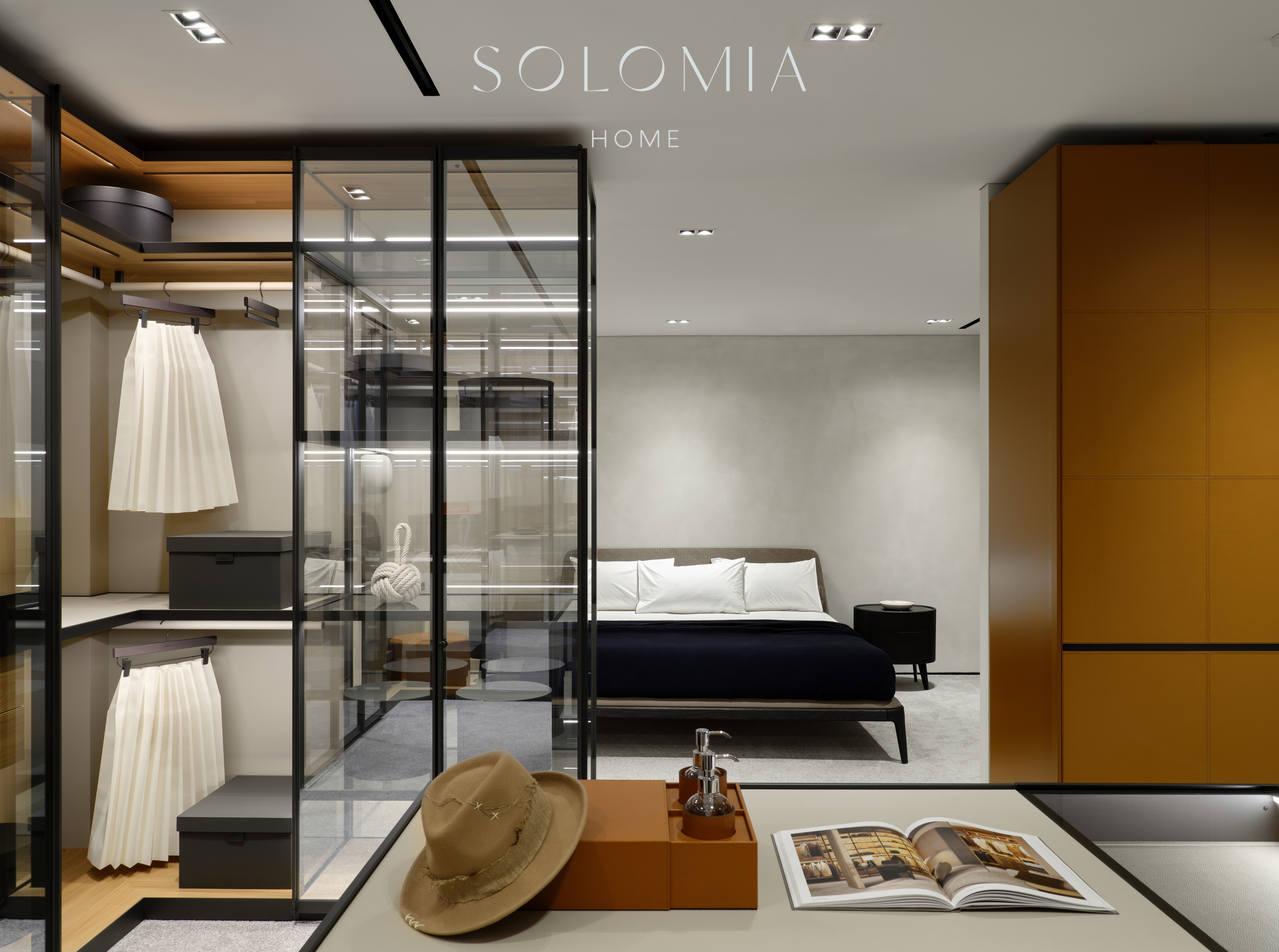 Walk-in wardrobe with island and bed, Poliform Project — showroom interior design Astana