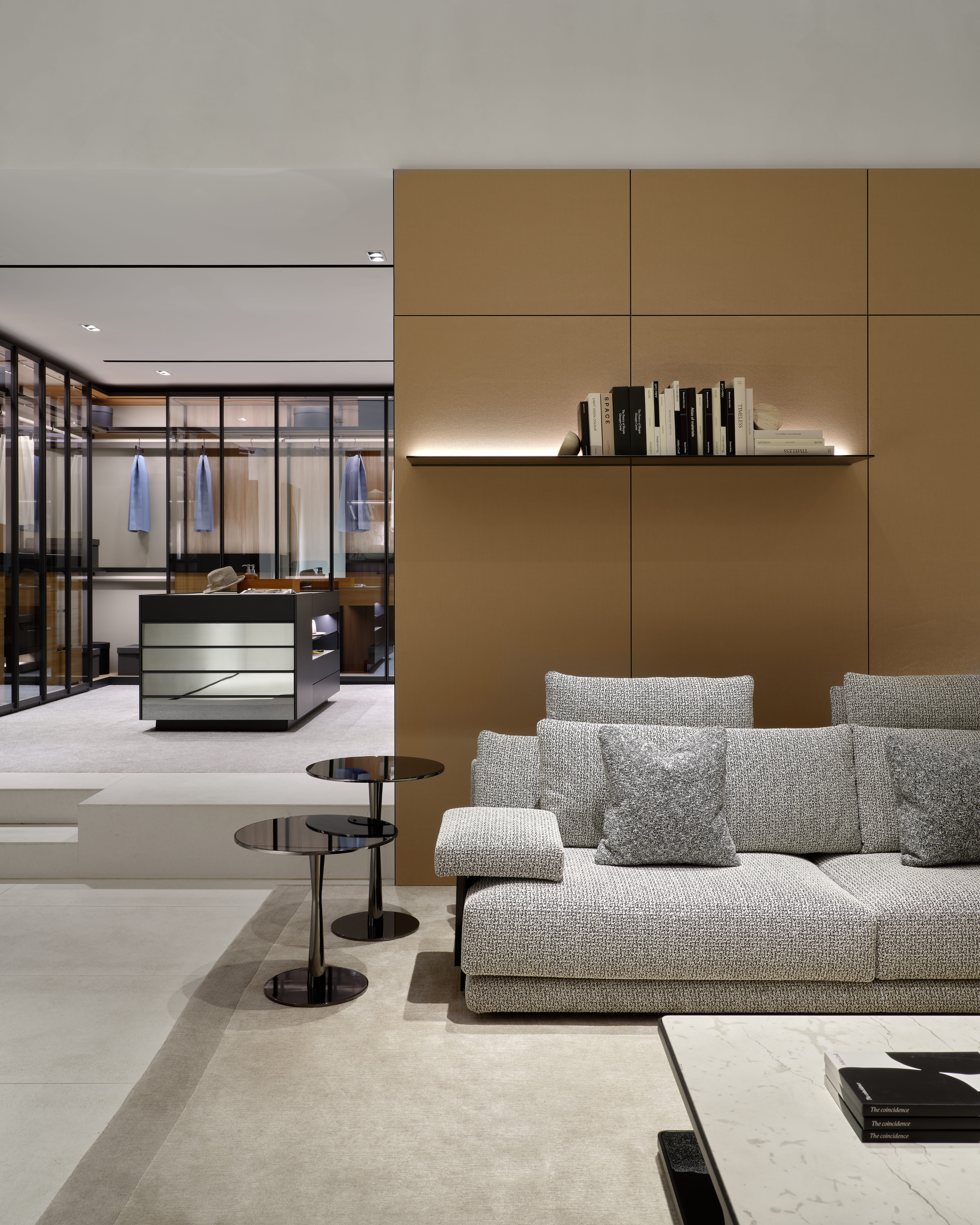 Sofa with wood panelled wall, Poliform Project — showroom interior design Astana