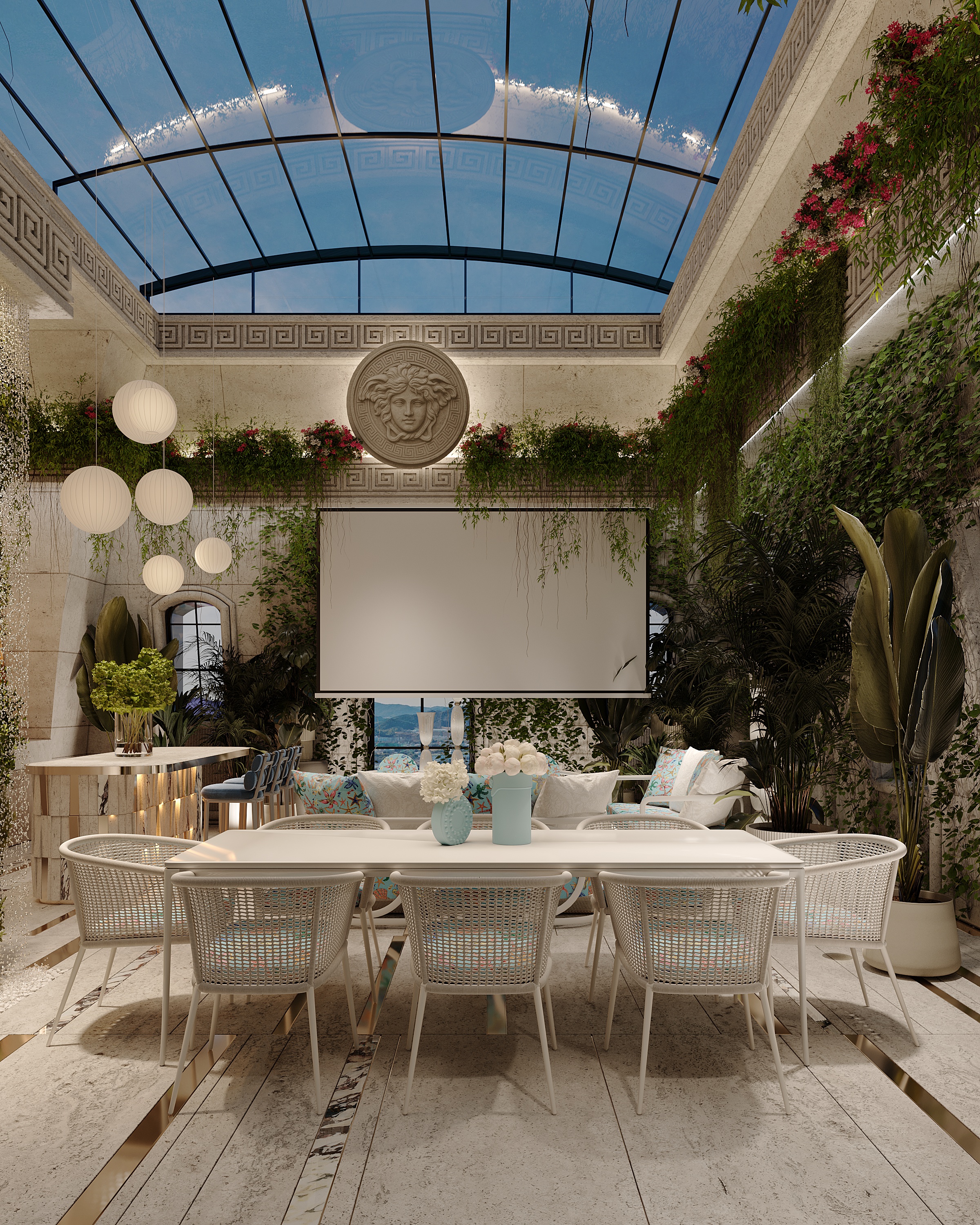 Covered dining terrace under a glass roof — luxury interior design Dubai