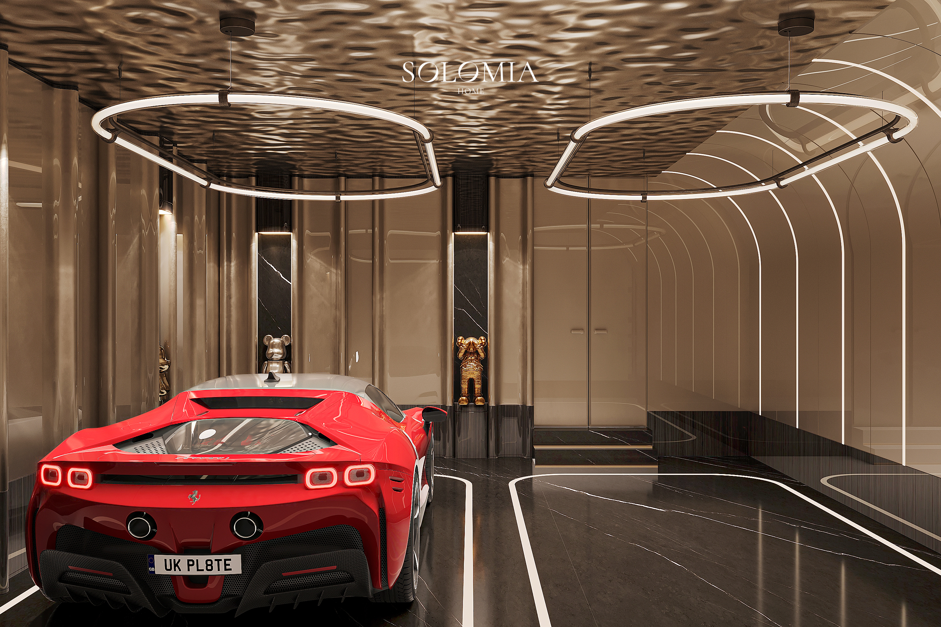 Garage with red Ferrari and ring lights, Versace Villa — luxury interior design Dubai