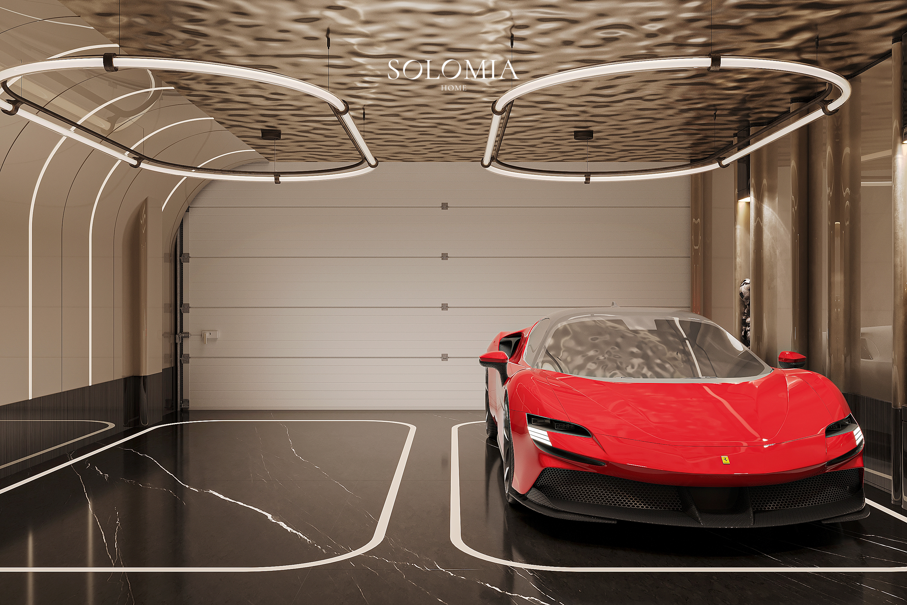 Garage with rippled ceiling and Ferrari, Versace Villa — luxury interior design Dubai