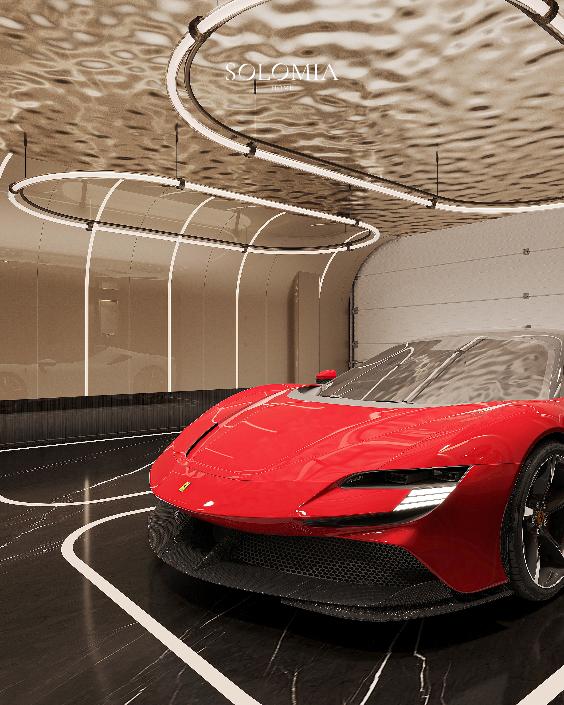 Red Ferrari under sculptural lighting, Versace Villa — luxury interior design Dubai