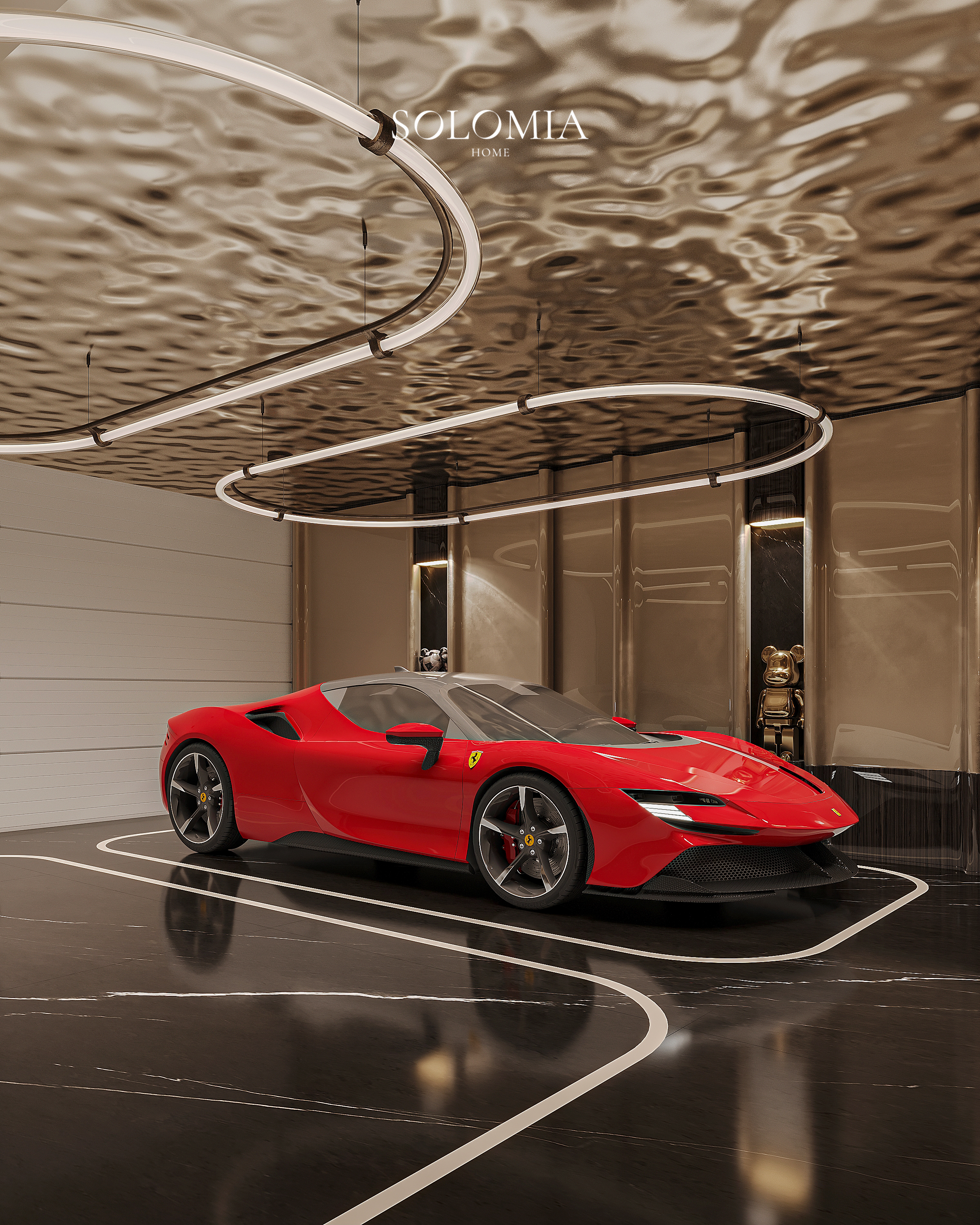 Garage with Ferrari and bronze walls, Versace Villa — luxury interior design Dubai