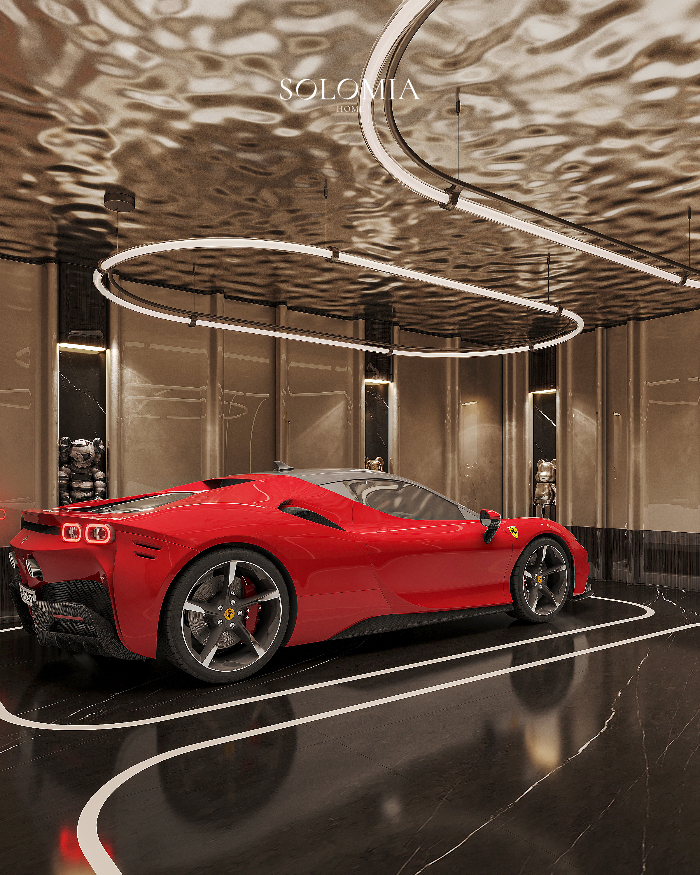Ferrari in a designer garage, Versace Villa — luxury interior design Dubai