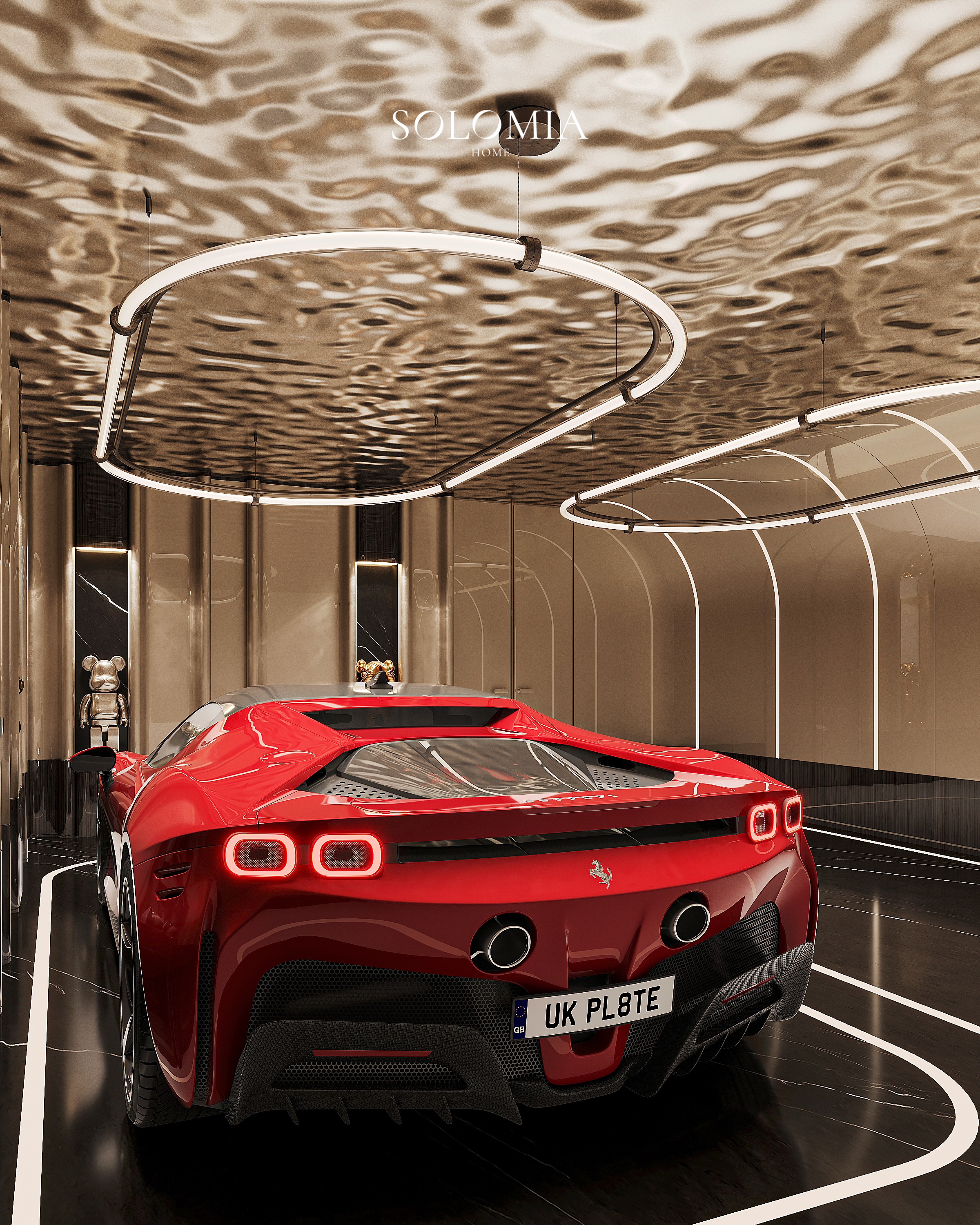 Rear view of a Ferrari in the garage, Versace Villa — luxury interior design Dubai