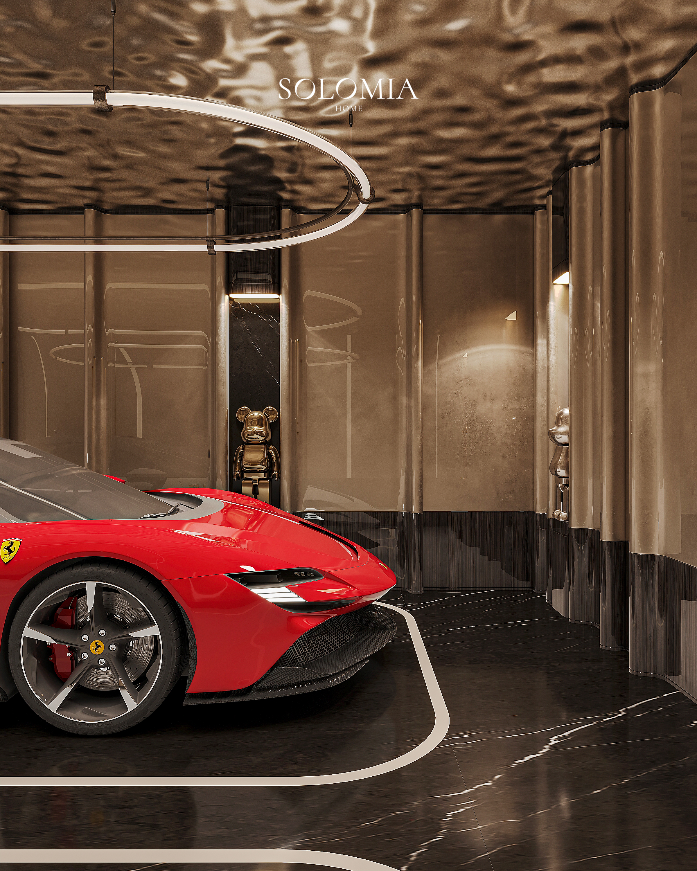 Ferrari beside bronze panelled walls, Versace Villa — luxury interior design Dubai
