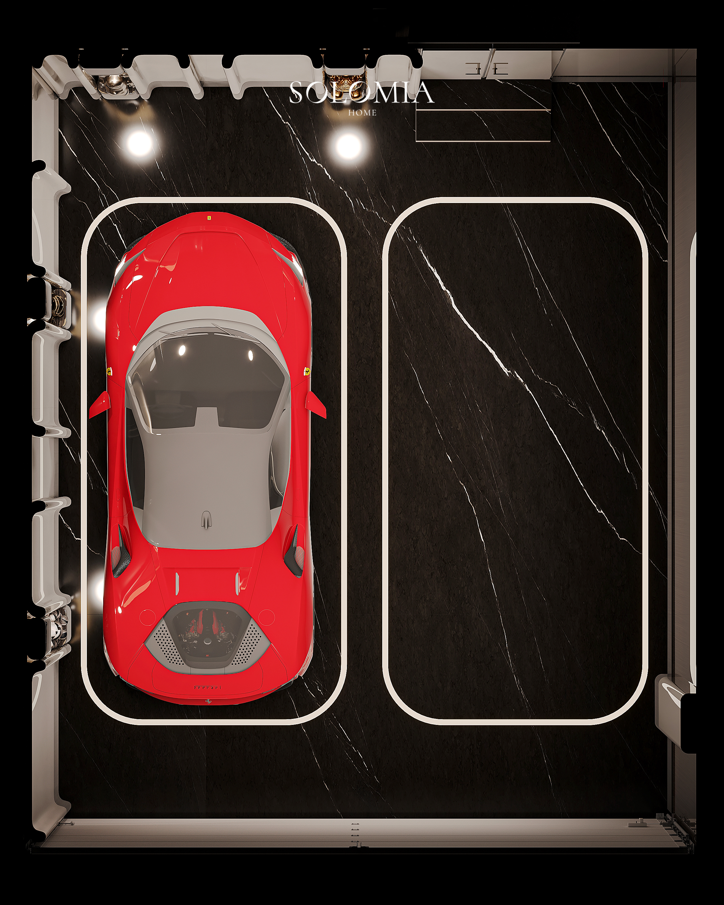 Garage layout with Ferrari, top view, Versace Villa — interior design project