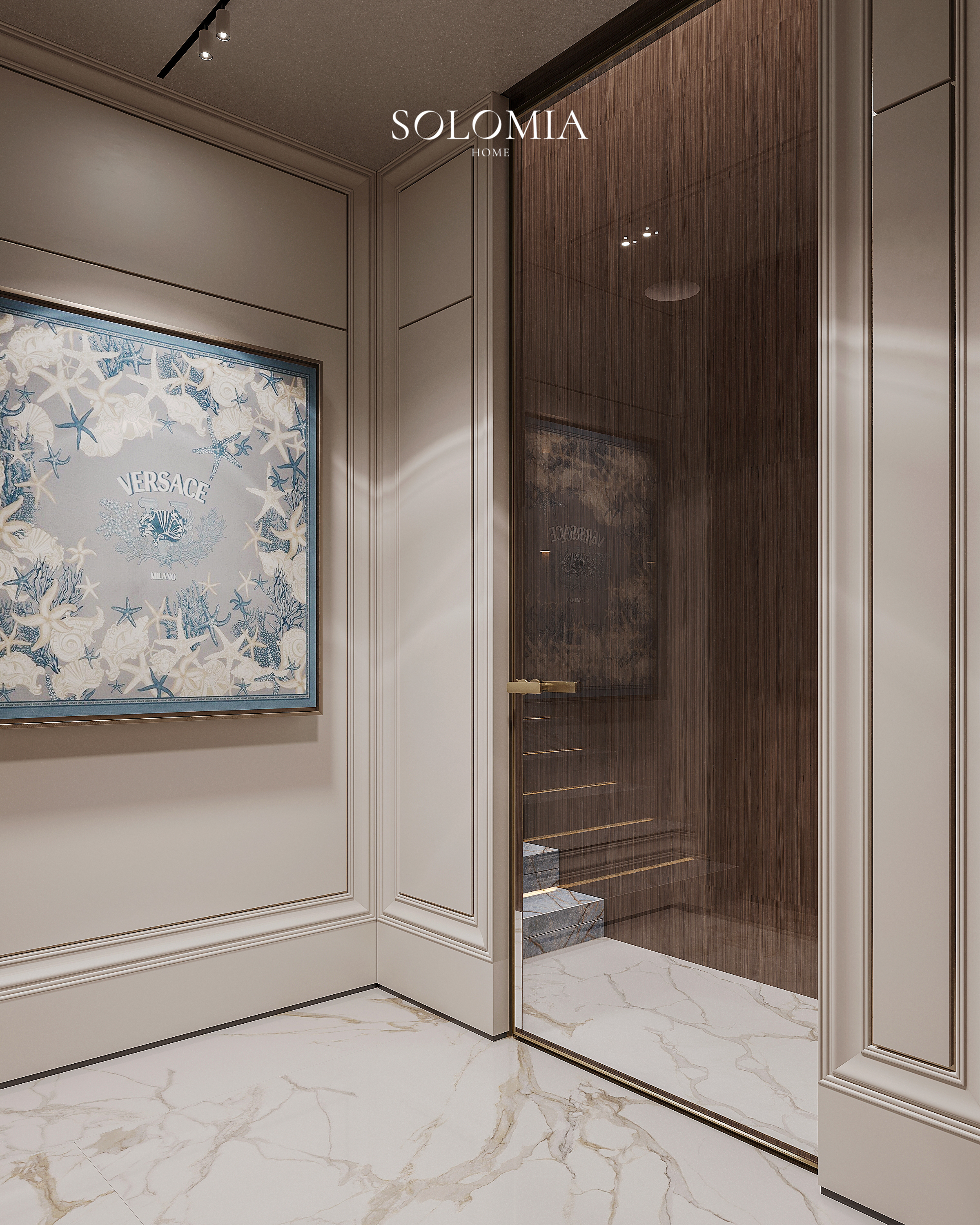 Vestibule with Versace print and marble floor, Versace Villa — luxury interior design Dubai