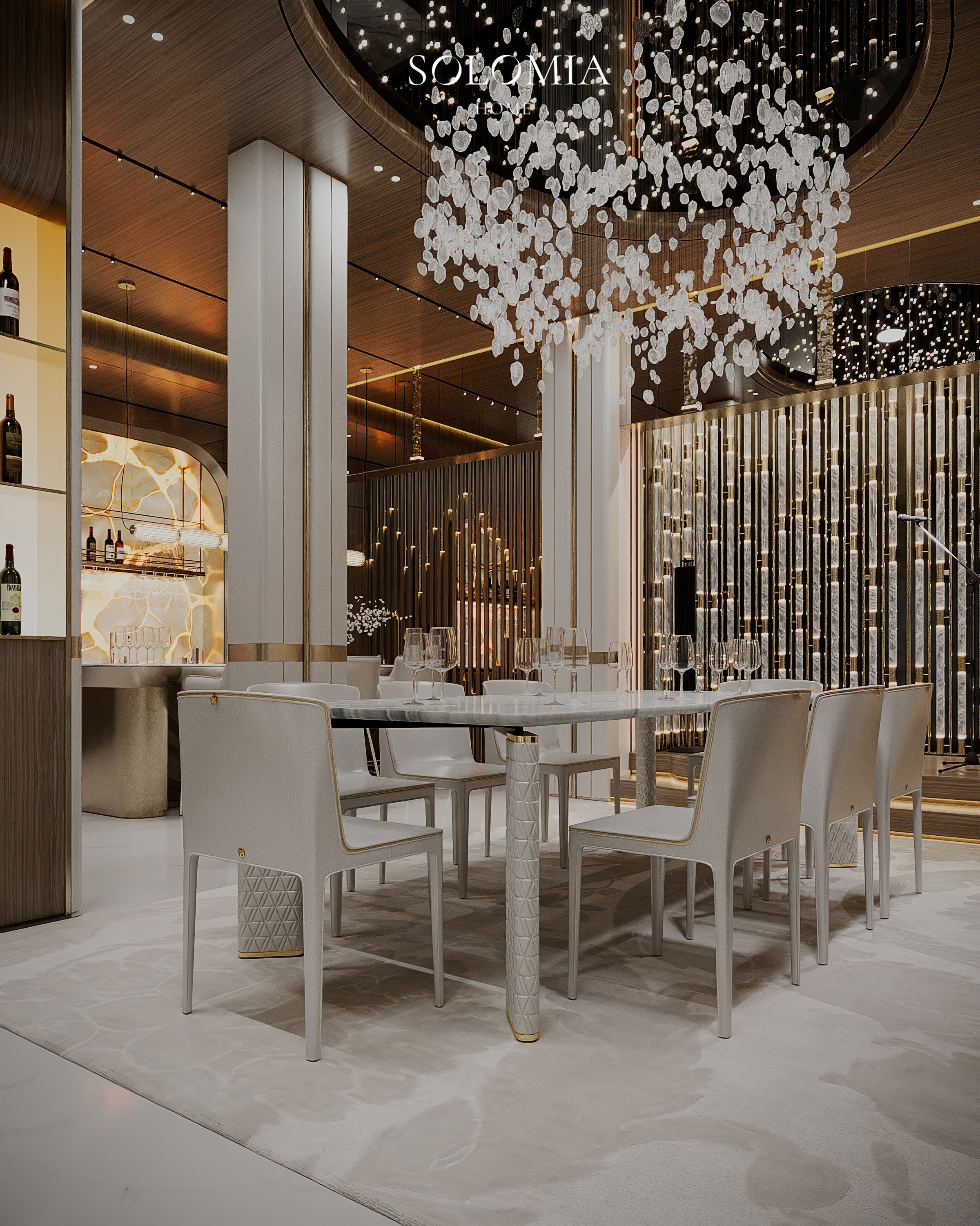 Dining room with crystal chandelier and beaded screens, Versace Villa — luxury interior design Dubai