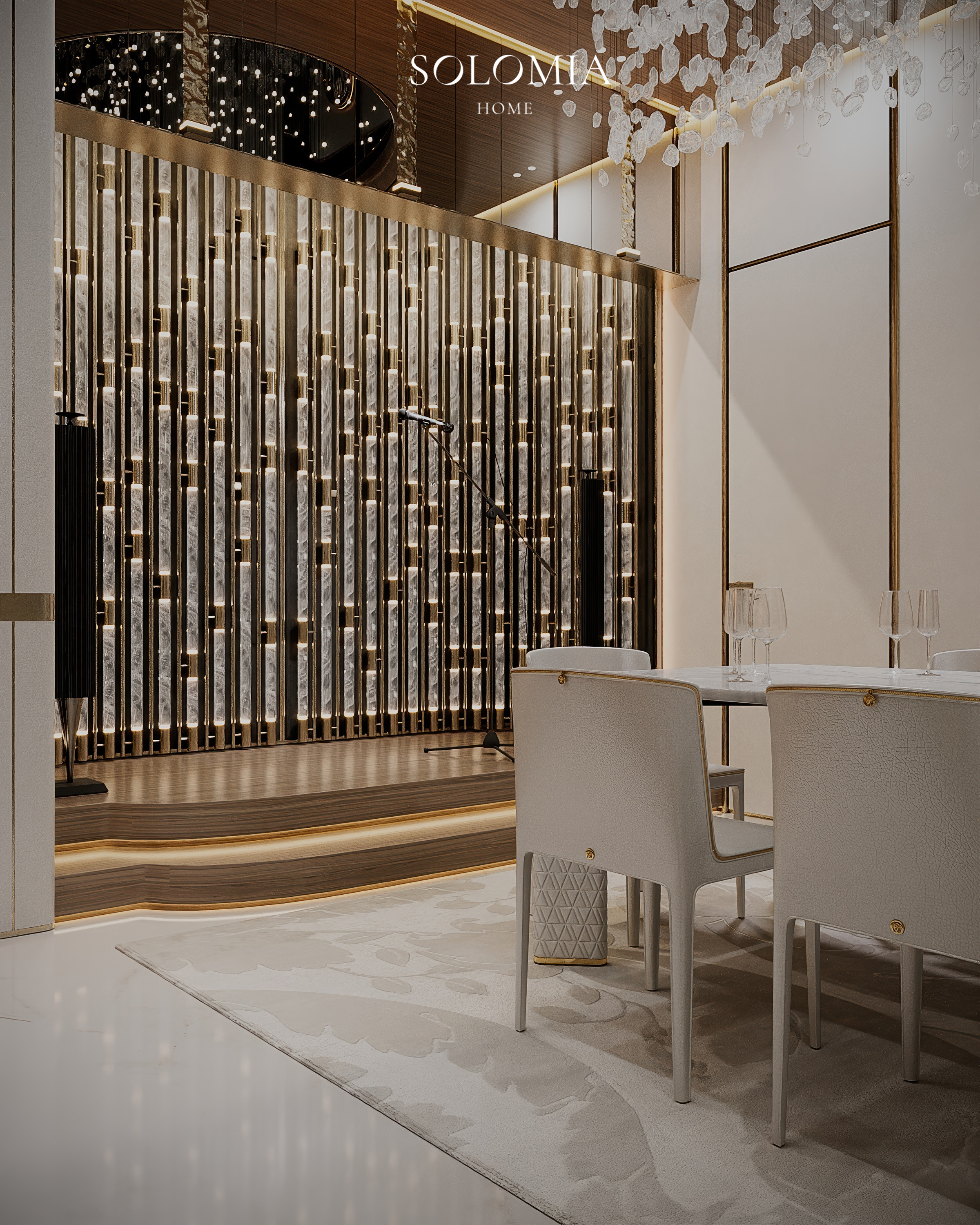 Dining area with beaded curtain screens, Versace Villa — luxury interior design Dubai